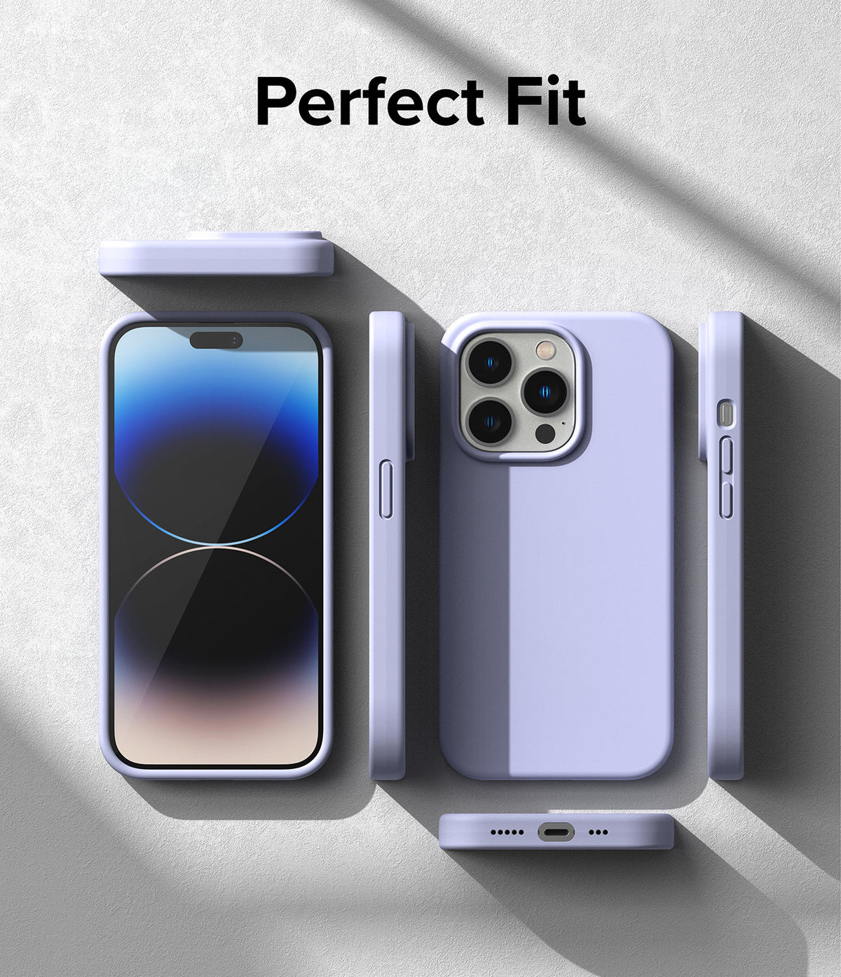 iPhone 14 Pro Max Case | Silicone - Lavender silicone case shown from multiple angles around an iPhone 14 Pro Max.
