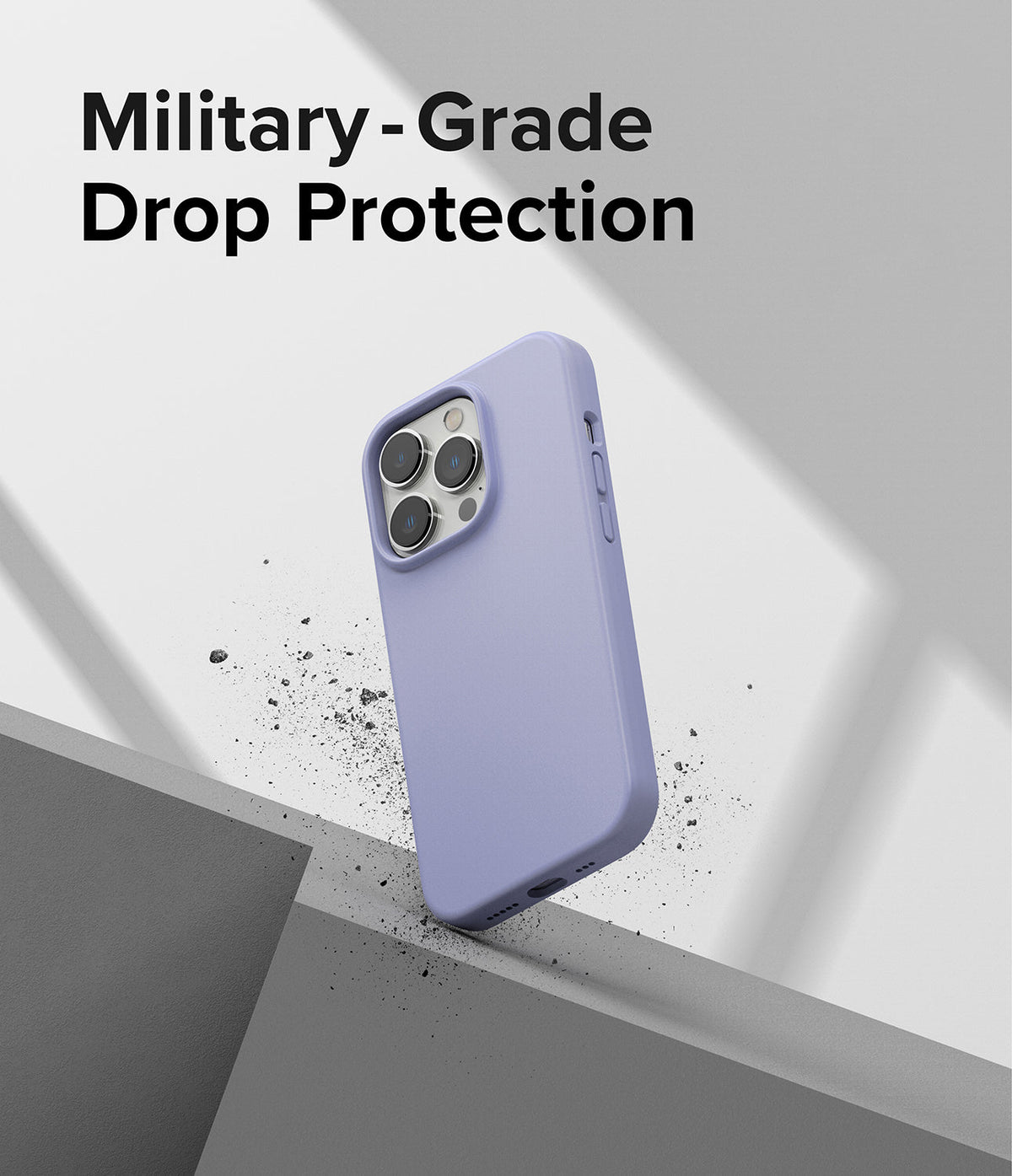 iPhone 14 Pro Max Case | Silicone - Lavender silicone case on an iPhone 14 Pro Max against a geometric grey background.