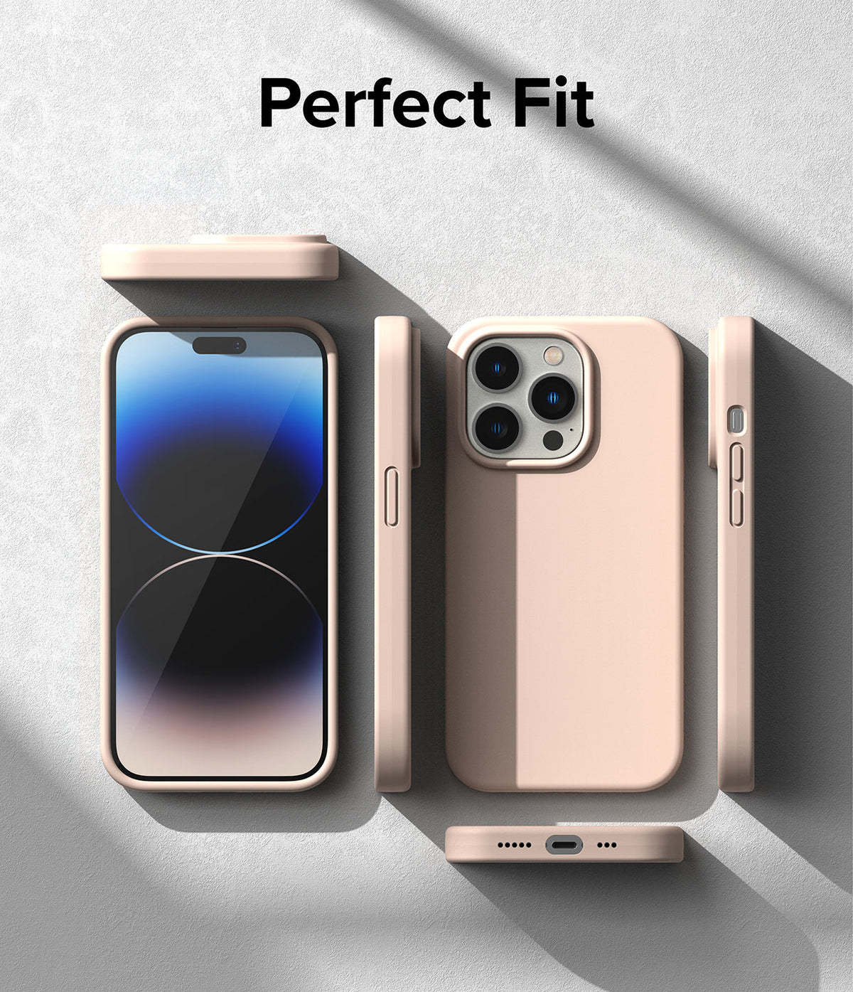 iPhone 14 Pro Max Case | Silicone - Exploded view of a light pink silicone phone case showing front, back, and sides.