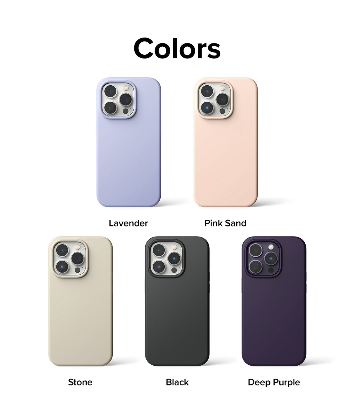 iPhone 14 Pro Max Case | Silicone - Five iPhone 14 Pro Max silicone cases in lavender, pink sand, stone, black, and deep purple.