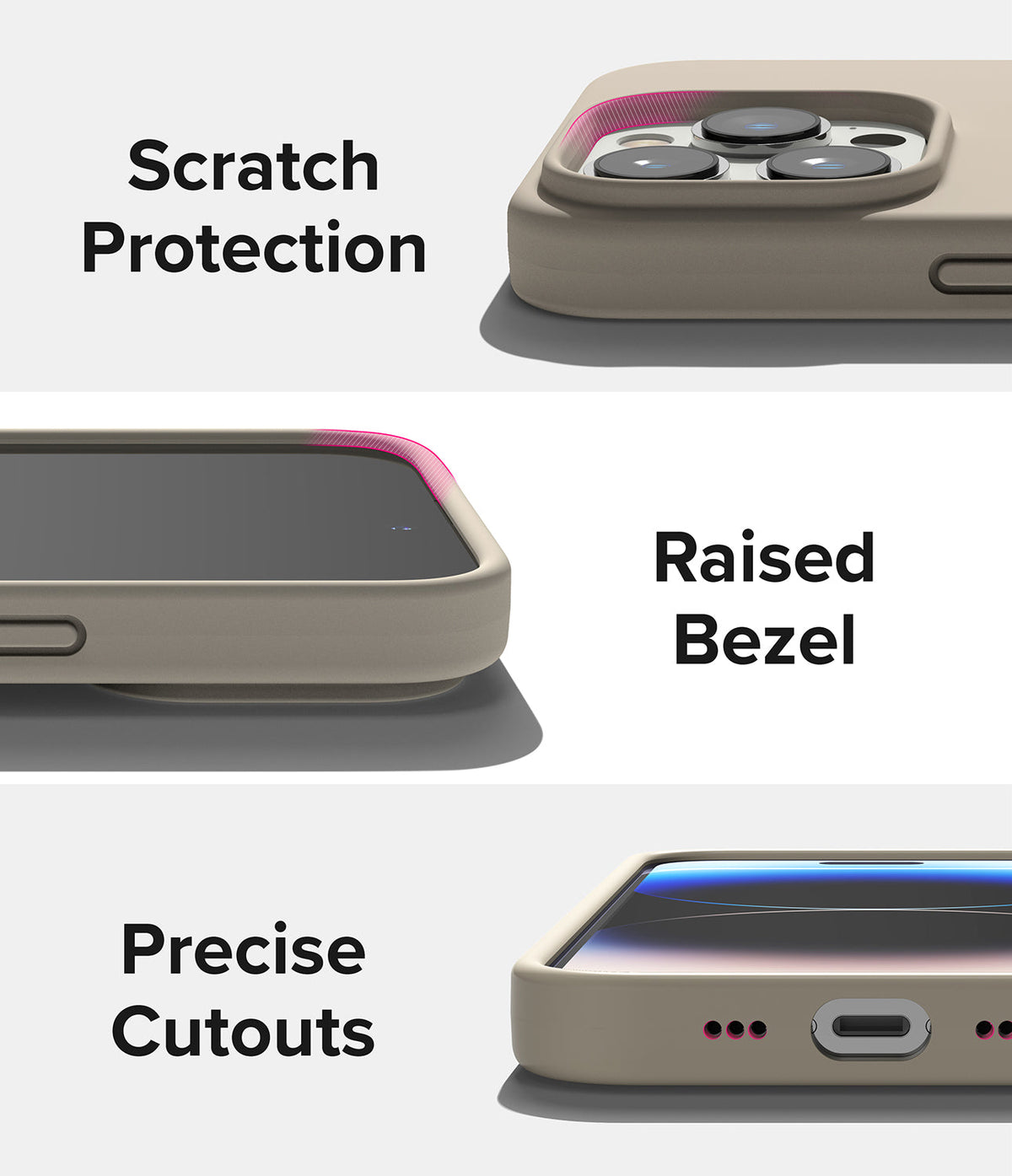 iPhone 14 Pro Max Case | Silicone - Close-ups showing raised camera protection, screen bezel, and precise port cutouts.