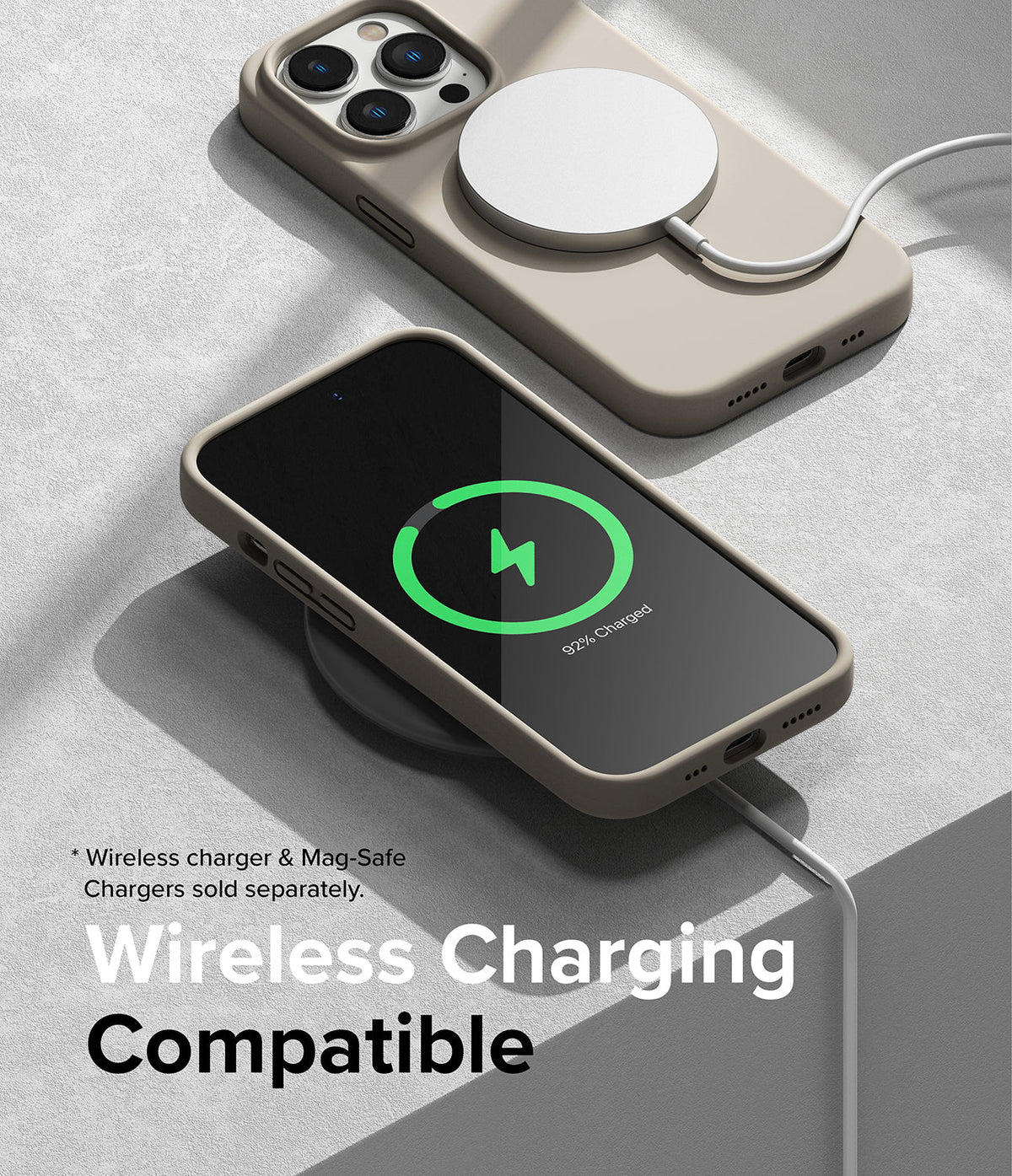 iPhone 14 Pro Max Case | Silicone - Beige silicone case on an iPhone 14 Pro Max charging via MagSafe and wireless pad.