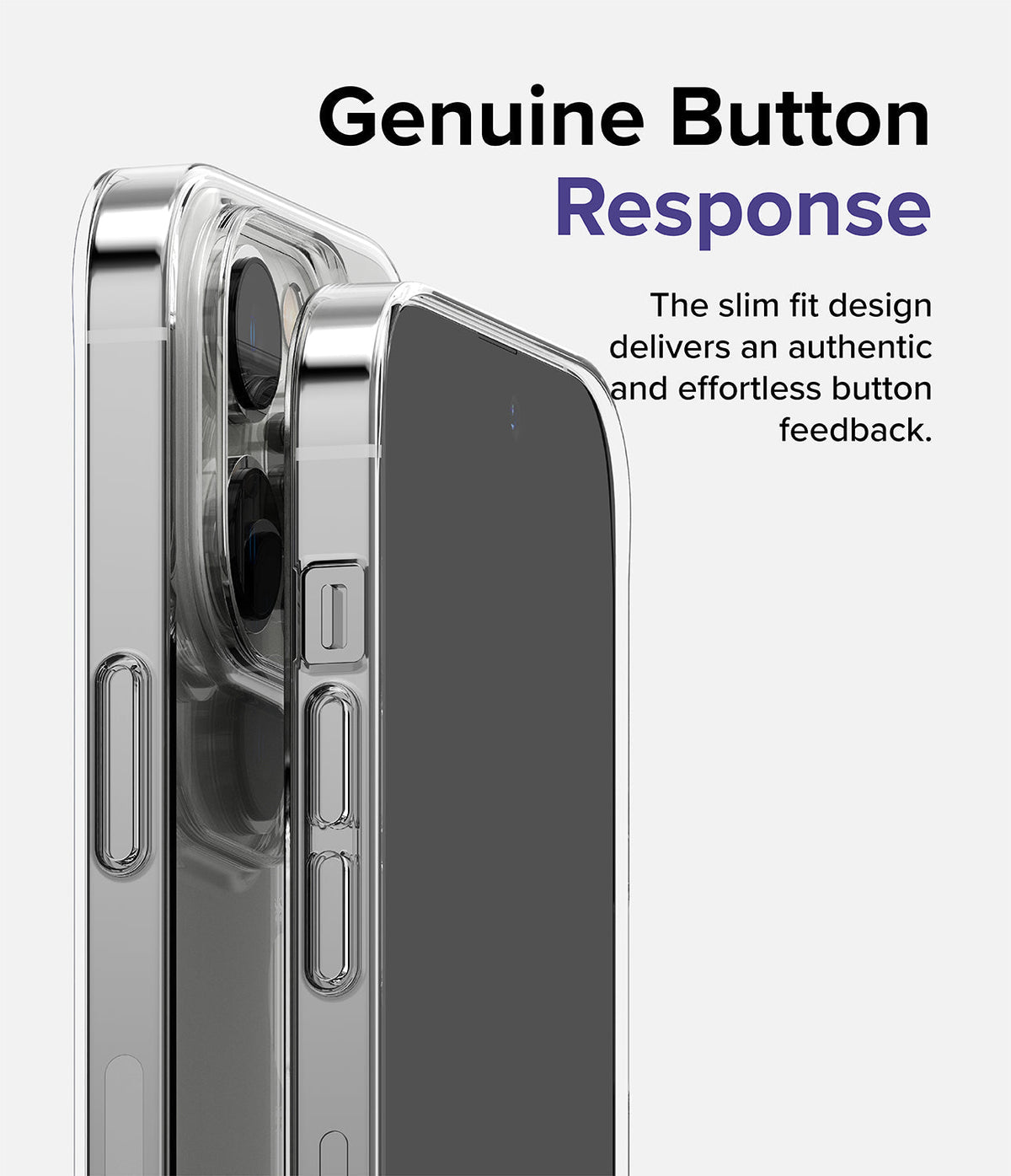iPhone 14 Pro Case | Slim - Close-up of a clear phone case showing precise button cutouts and tactile design.
