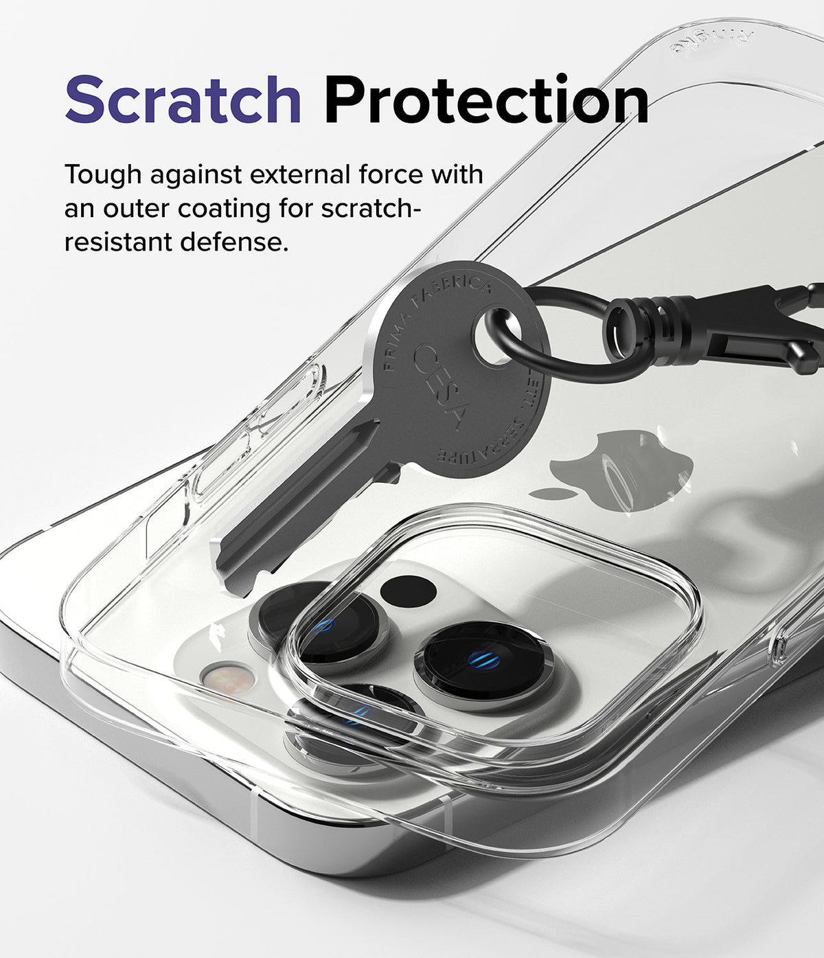 iPhone 14 Pro Case | Slim - A clear phone case on an iPhone 14 Pro being scratched by a metal key to demonstrate durability.