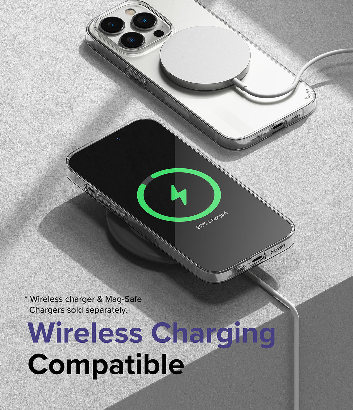 iPhone 14 Pro Case | Slim - Clear phone case showing MagSafe and wireless charging compatibility with a green charging icon.