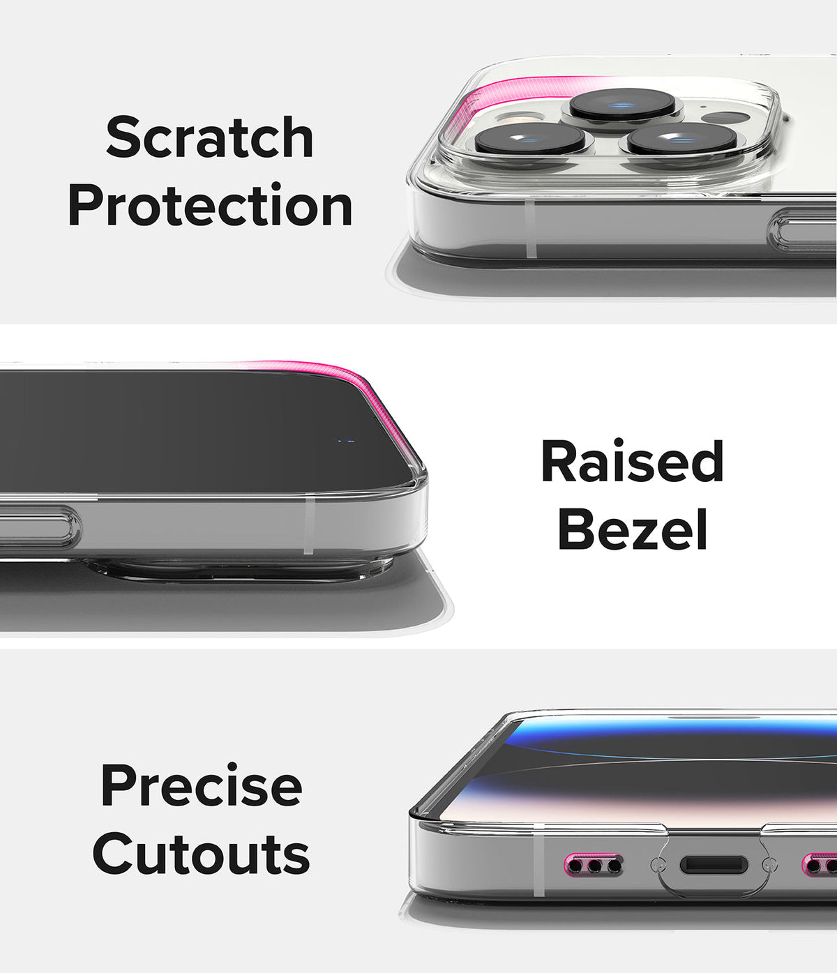 iPhone 14 Pro Case | Slim - Three close-up views showing scratch protection, raised bezels, and precise port cutouts.
