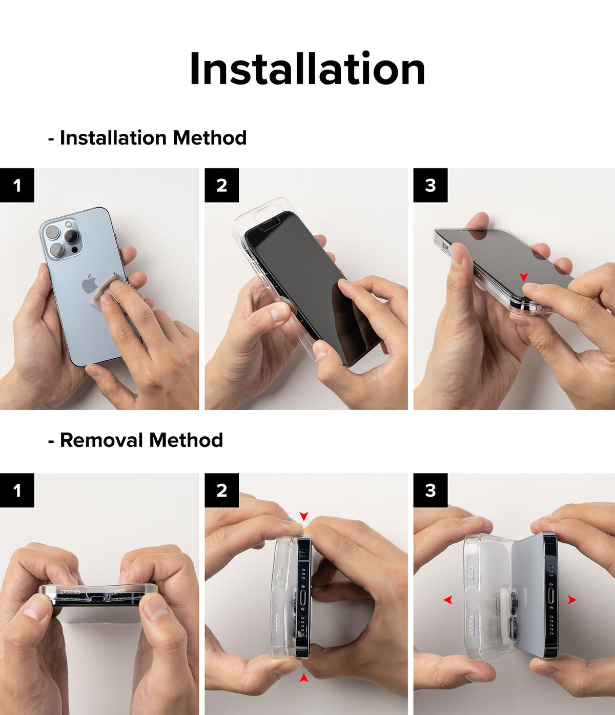 iPhone 14 Pro Max Case | Slim - Step-by-step visual guide showing how to install and remove a slim phone case.