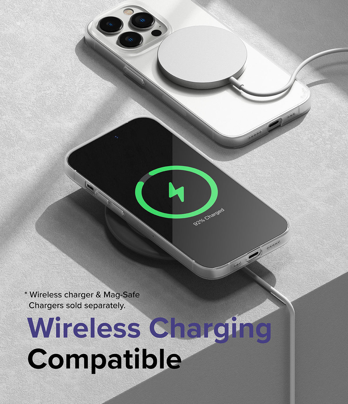 iPhone 14 Pro Max Case | Slim - iPhone 14 Pro Max in a clear case charging wirelessly on a pad and with a MagSafe charger.