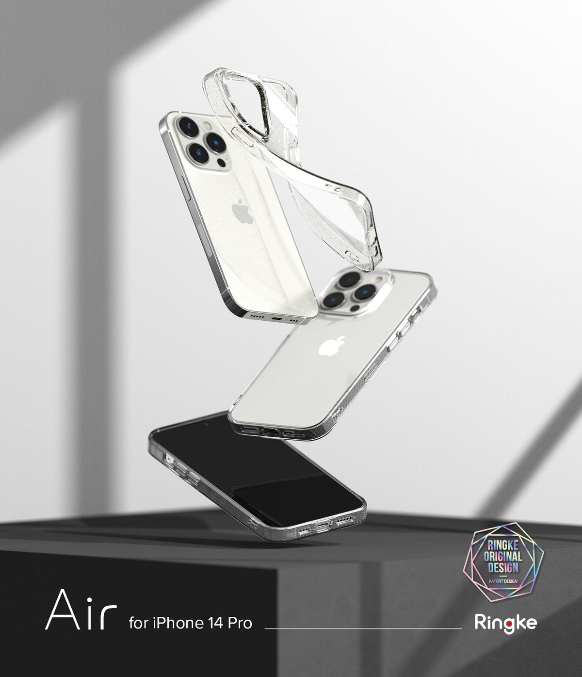 iPhone 14 Pro Case | Air - Clear phone case floating above an iPhone 14 Pro against a minimalist gray background.