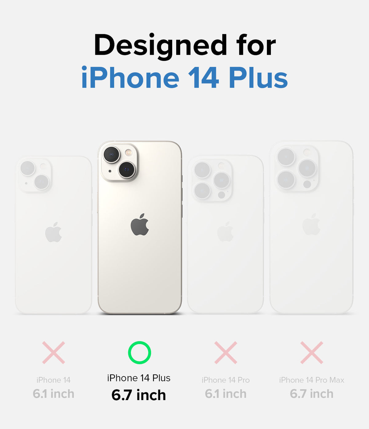 iPhone 14 Plus Case | Air - Comparison chart showing iPhone 14 Plus highlighted among other models with red X and green O marks.