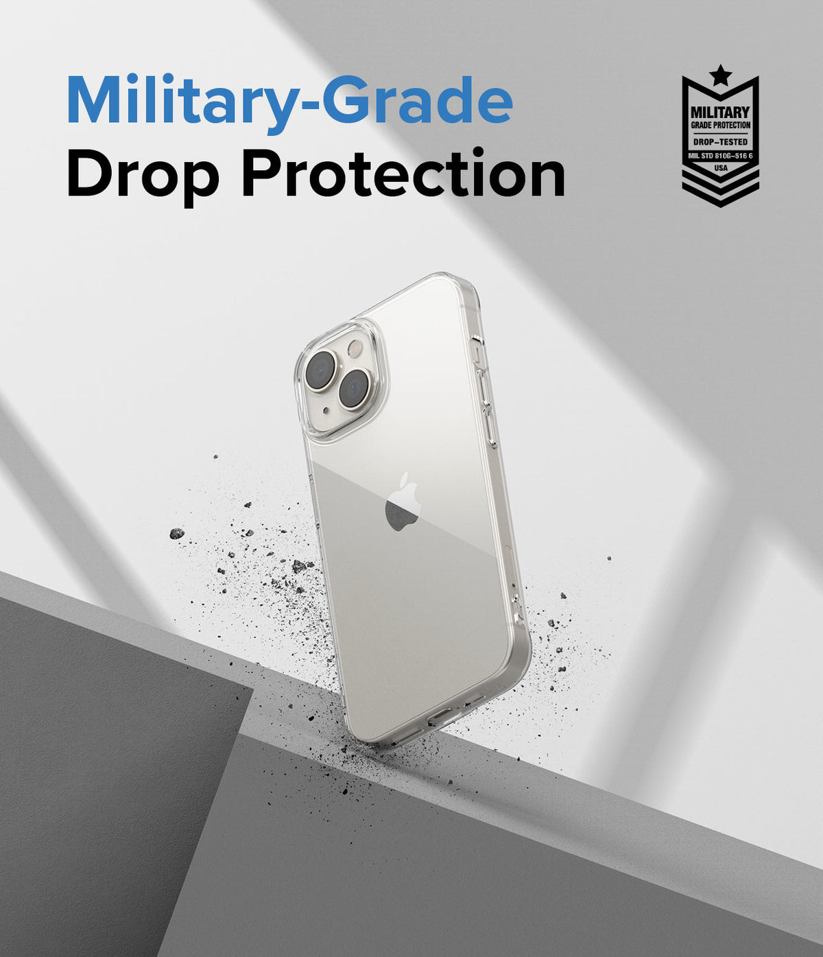 iPhone 14 Plus Case | Air - Clear phone case on a geometric background with text highlighting military-grade drop protection.