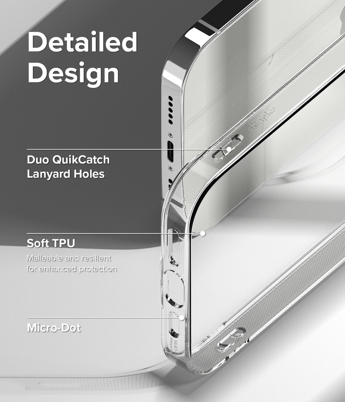 iPhone 14 Pro Case | Air - Close-up of a clear phone case highlighting lanyard holes, soft TPU material, and micro-dot texture.