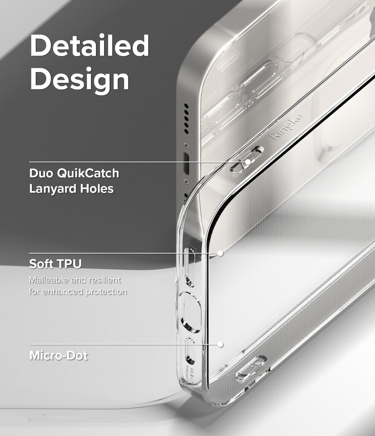 iPhone 14 Plus Case | Air - Close-up of clear phone case highlighting lanyard holes, soft TPU material, and micro-dot texture.
