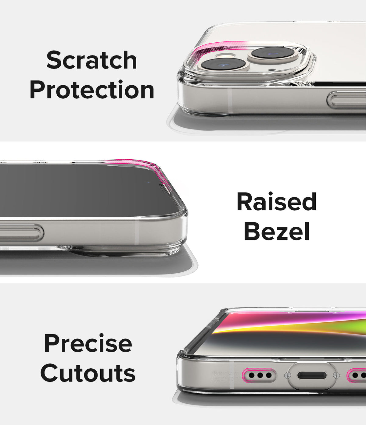 iPhone 14 Plus Case | Air - Close-ups showing scratch protection, raised bezels, and precise port cutouts on a clear phone case.
