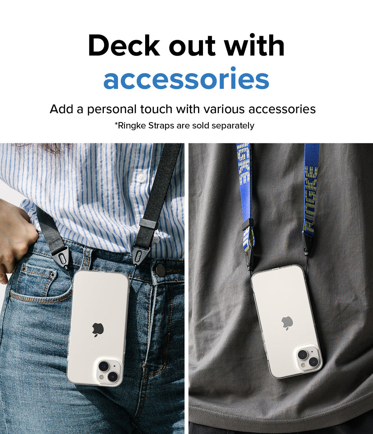 iPhone 14 Plus Case | Air - Two photos showing clear phone cases worn around the neck with black and blue branded straps.