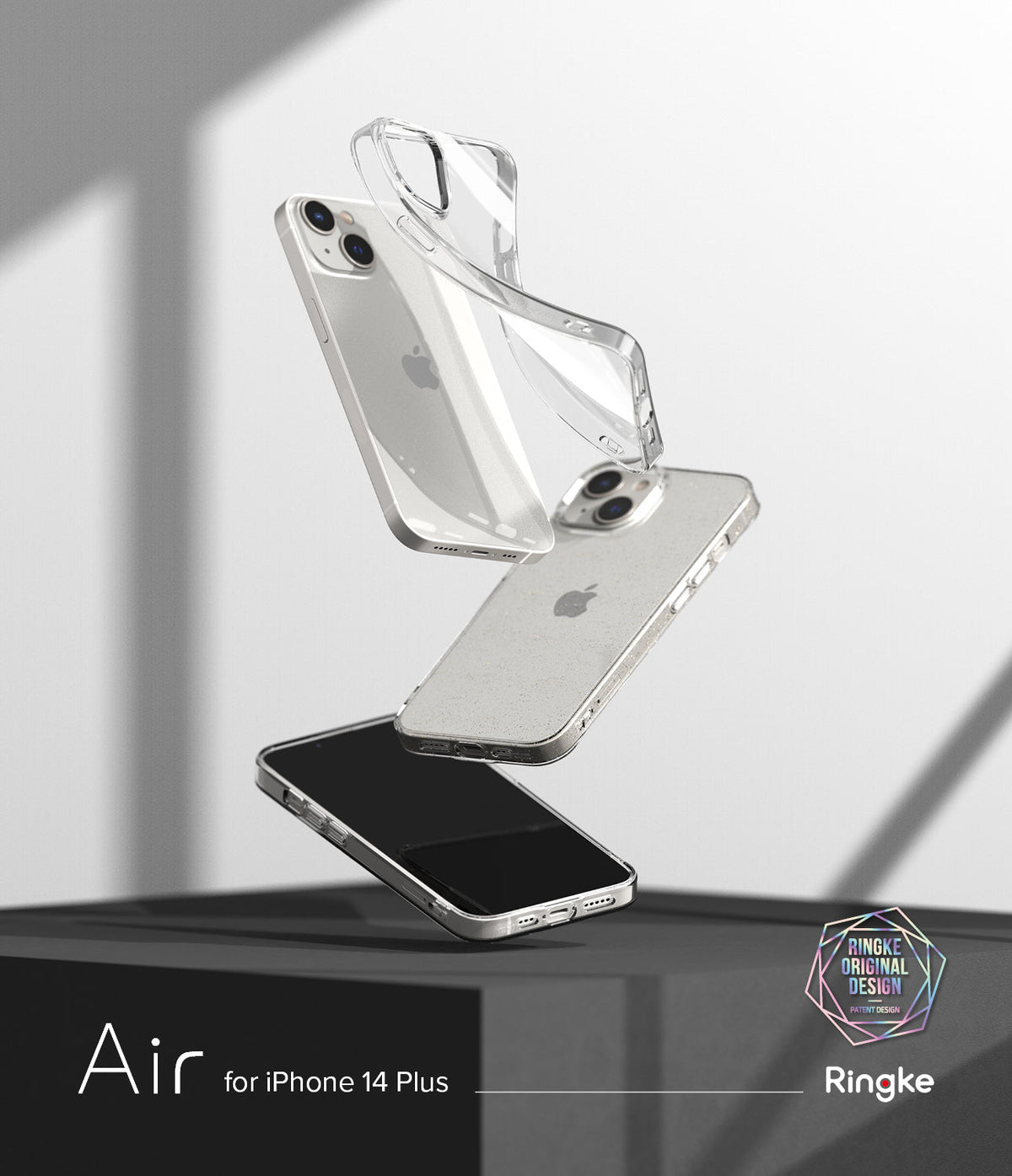 iPhone 14 Plus Case | Air - Three clear iPhone 14 Plus cases floating in mid-air against a minimalist gray background.