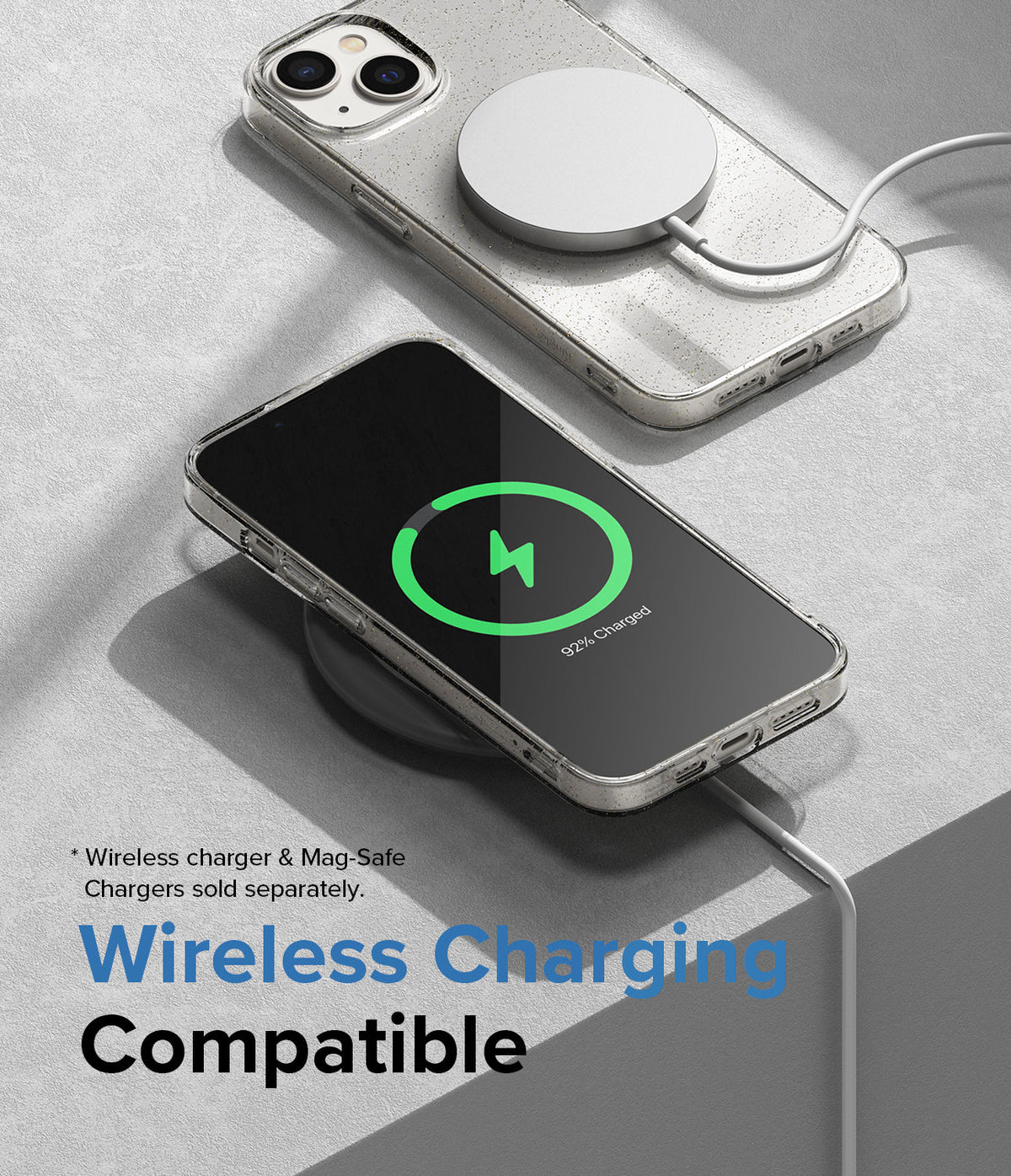 iPhone 14 Plus Case | Air - iPhone 14 Plus in a clear case charging wirelessly on a pad and with a MagSafe charger.