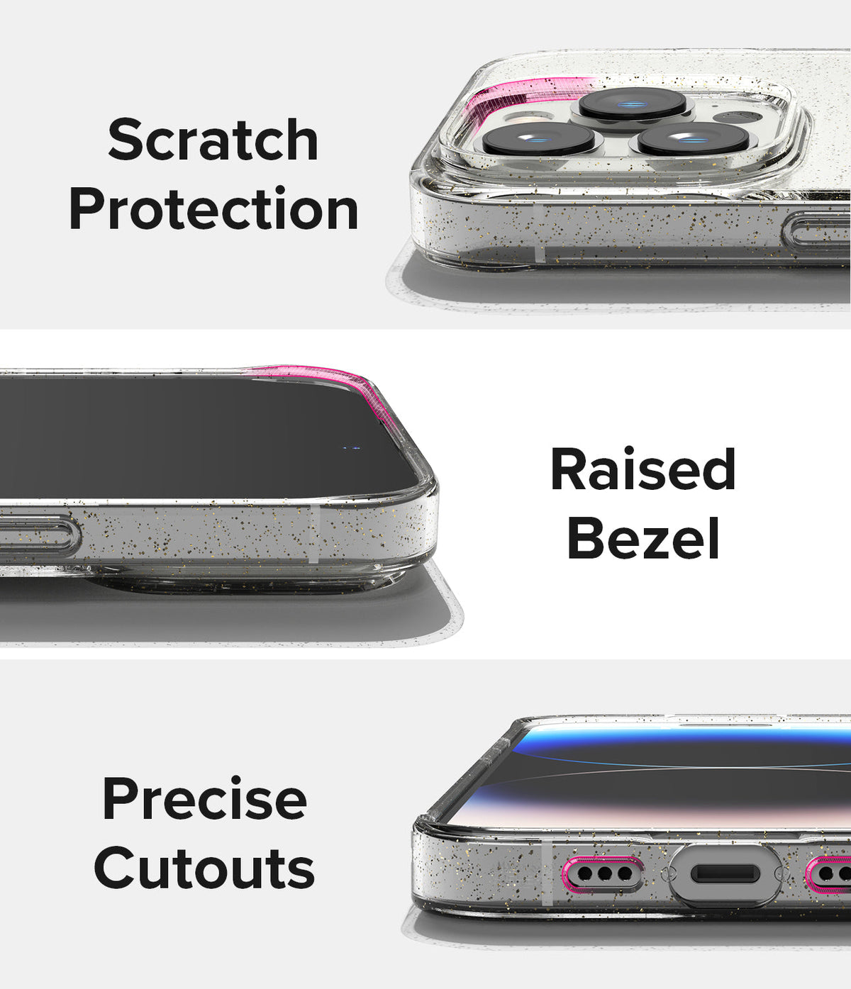iPhone 14 Pro Case | Air - Three close-ups showing scratch protection, raised bezels, and precise port cutouts on a glittery case.
