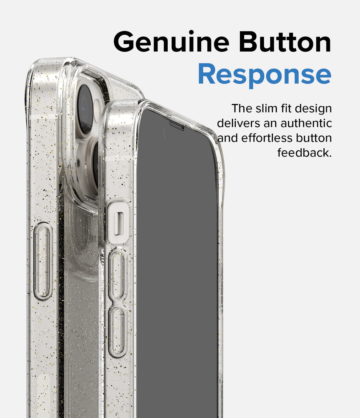 iPhone 14 Plus Case | Air - A clear, glitter-flecked phone case on an iPhone, highlighting the tactile side buttons.
