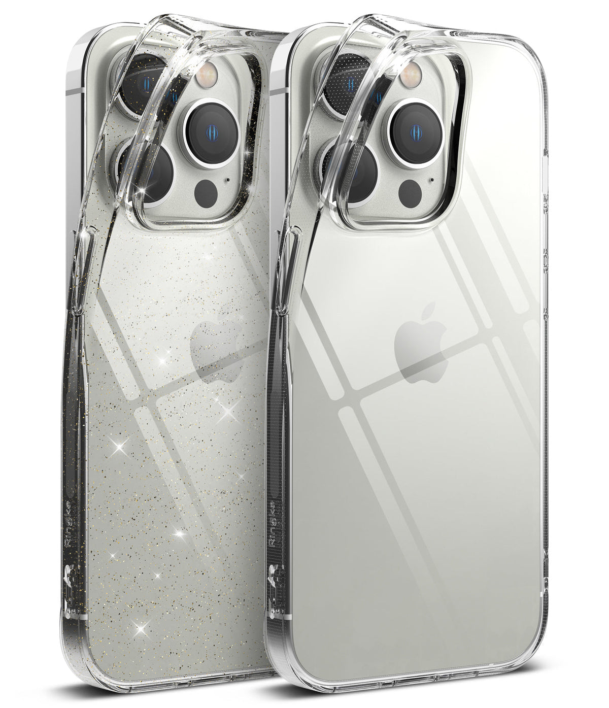 iPhone 14 Pro Max Case | Air - Two clear iPhone 14 Pro Max cases, one with glitter and one plain, showing back camera cutouts.