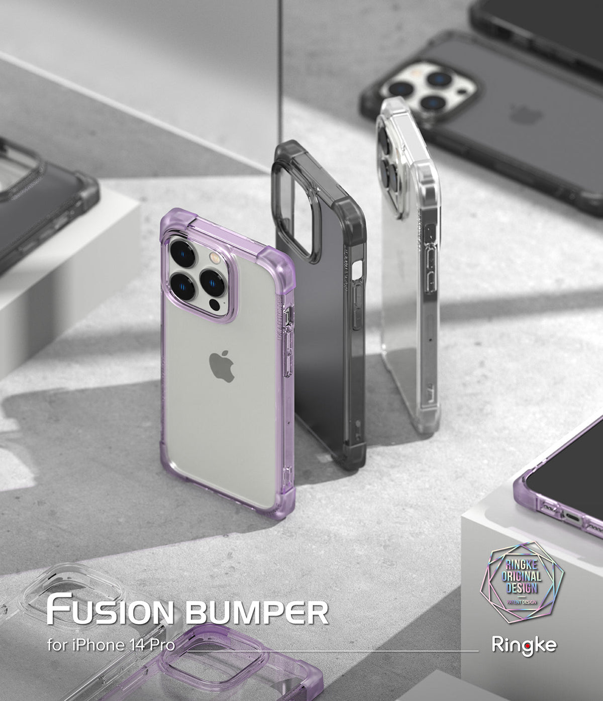 iPhone 14 Pro Case | Fusion Bumper - Multiple clear and colored bumper cases for iPhone 14 Pro arranged on a concrete surface.