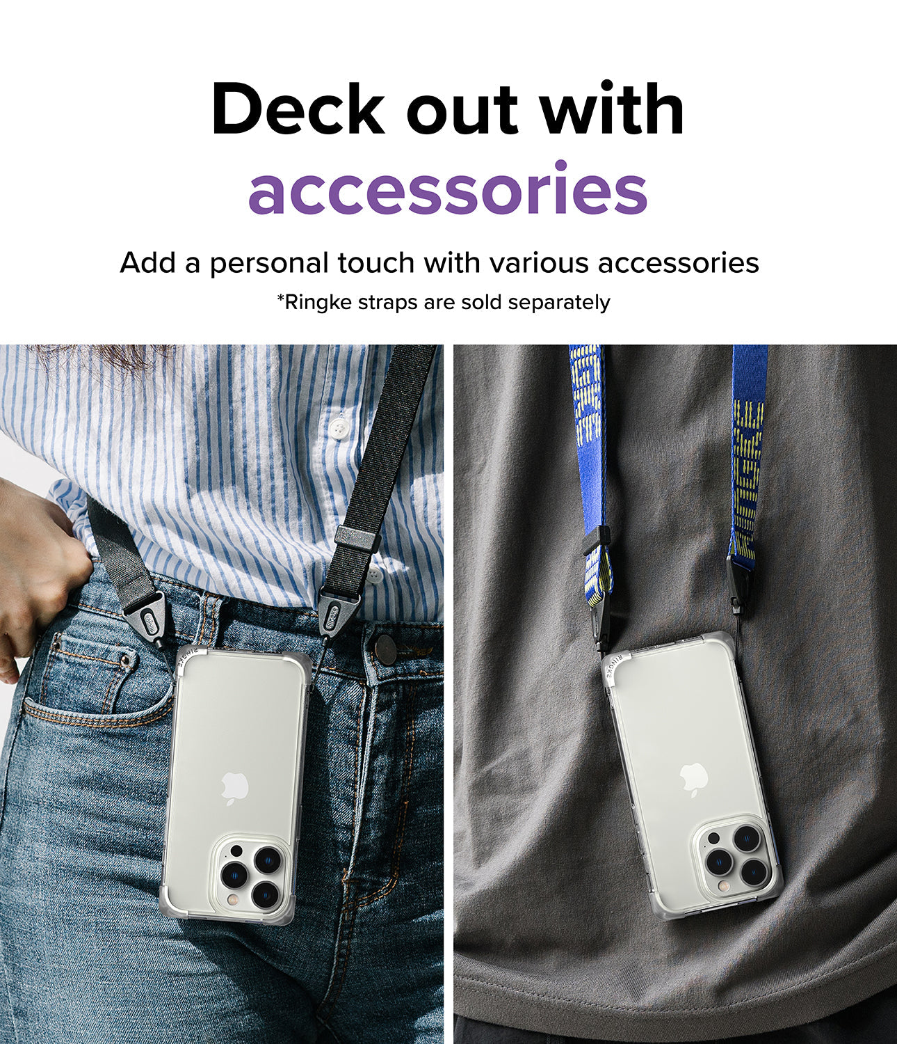 iPhone 14 Pro Case | Fusion Bumper - Two people wearing iPhones in clear bumper cases attached to colorful neck straps.
