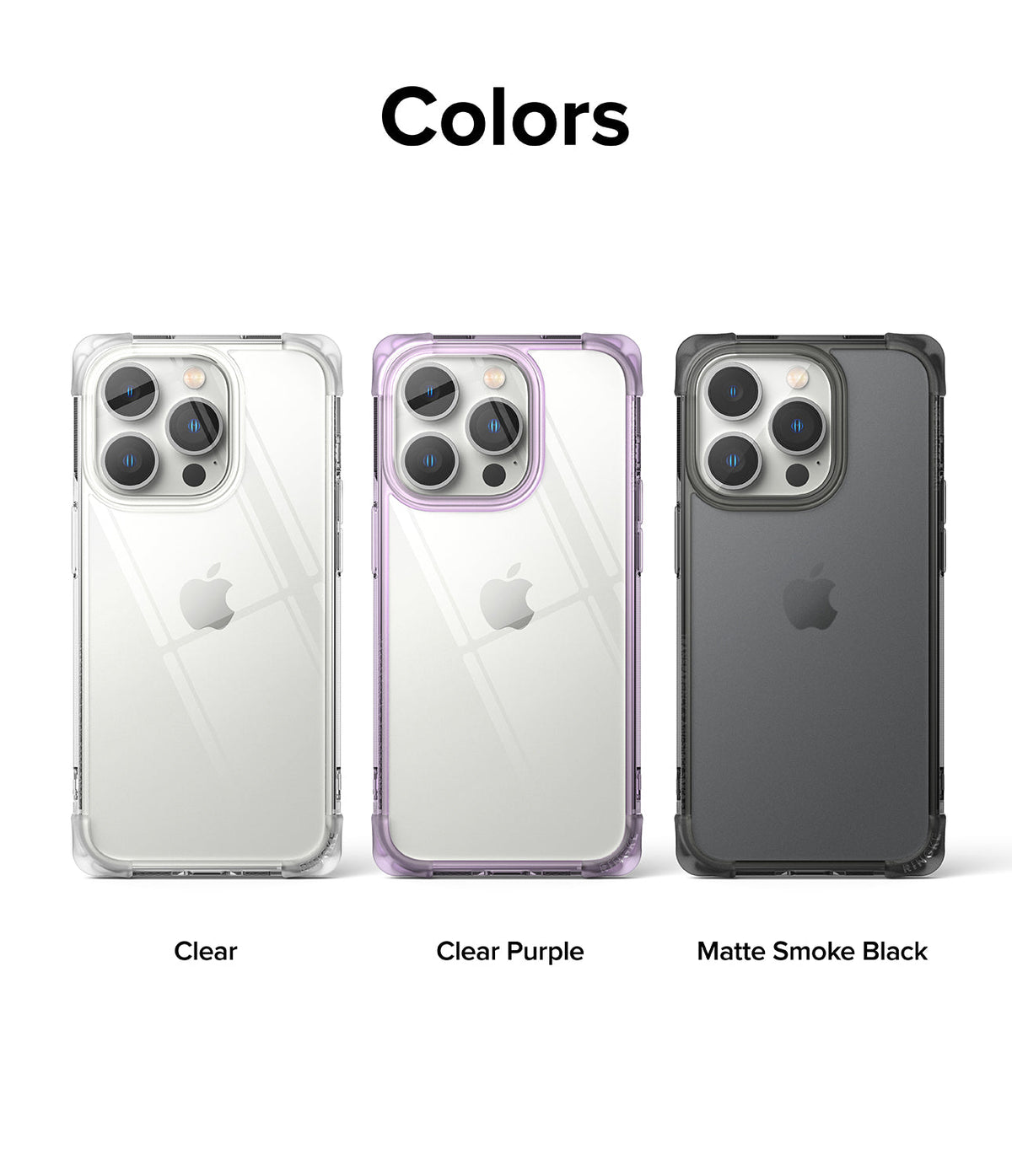 iPhone 14 Pro Case | Fusion Bumper - Three iPhone 14 Pro cases in Clear, Clear Purple, and Matte Smoke Black side-by-side.