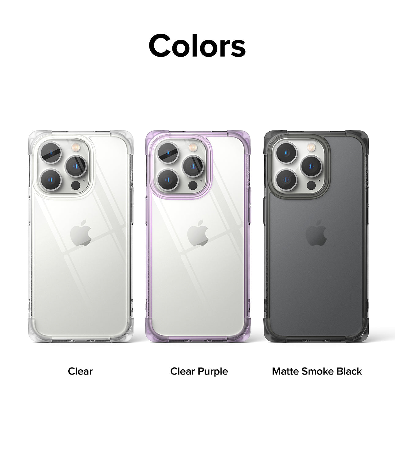 iPhone 14 Pro Case | Fusion Bumper - Three iPhone 14 Pro cases in clear, clear purple, and matte smoke black side-by-side.