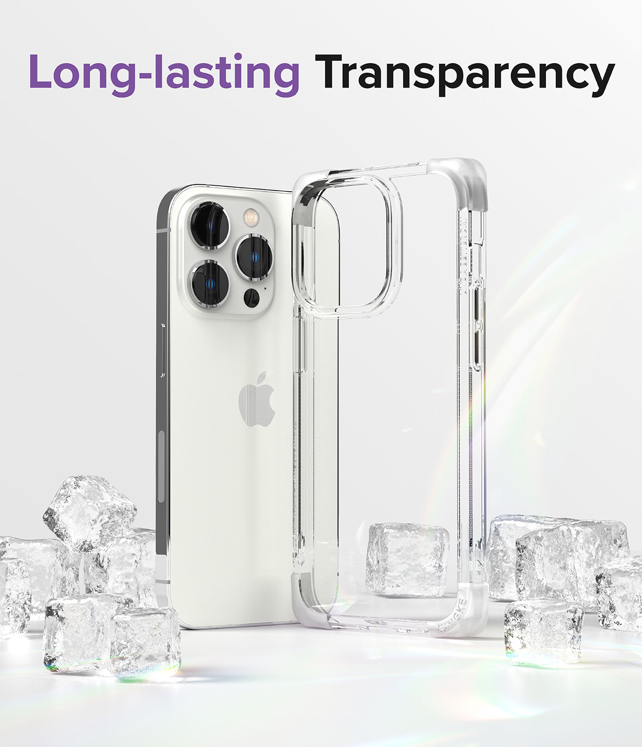 iPhone 14 Pro Case | Fusion Bumper - Clear phone case and iPhone 14 Pro surrounded by ice cubes against a white background.