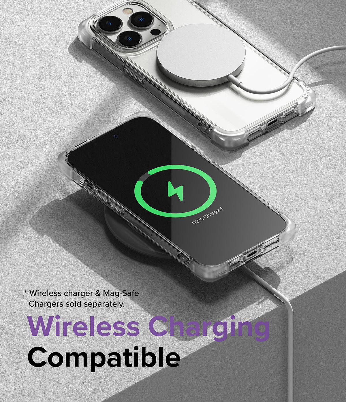 iPhone 14 Pro Case | Fusion Bumper - Clear iPhone 14 Pro case charging wirelessly with a MagSafe puck and a charging pad.