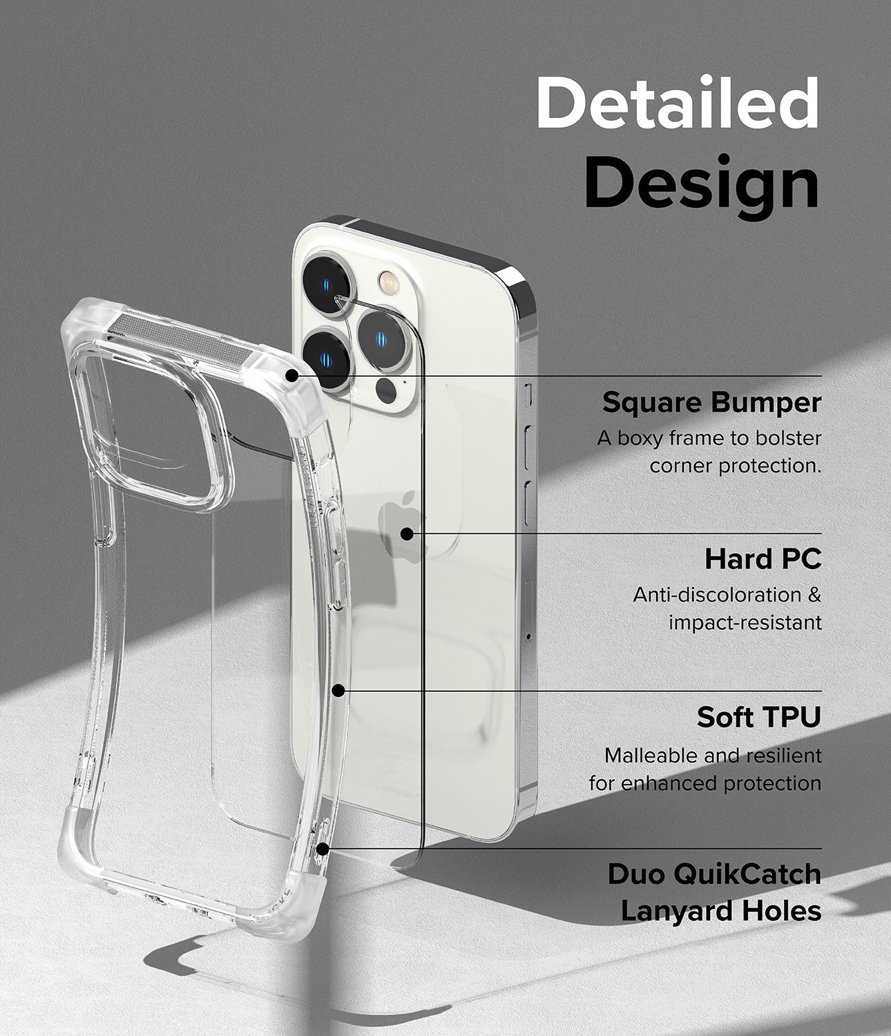 iPhone 14 Pro Case | Fusion Bumper - Clear phone case showing square bumper, hard PC, soft TPU, and lanyard holes.