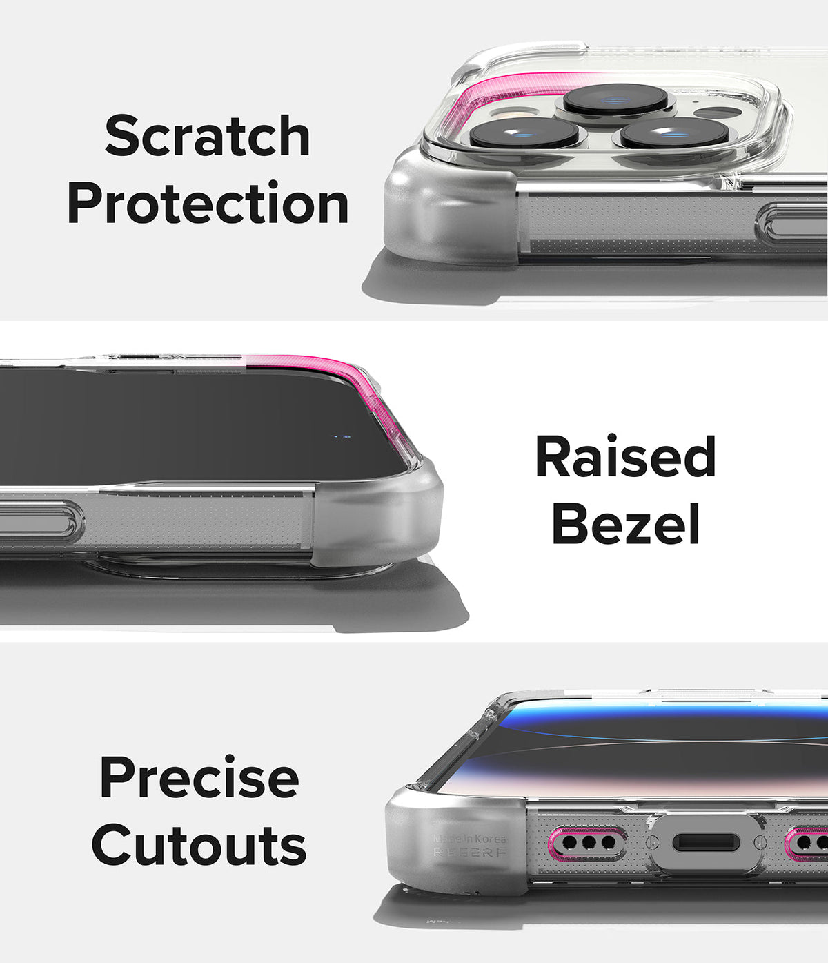 iPhone 14 Pro Case | Fusion Bumper - Three close-ups showing scratch protection, raised bezels, and precise port cutouts.