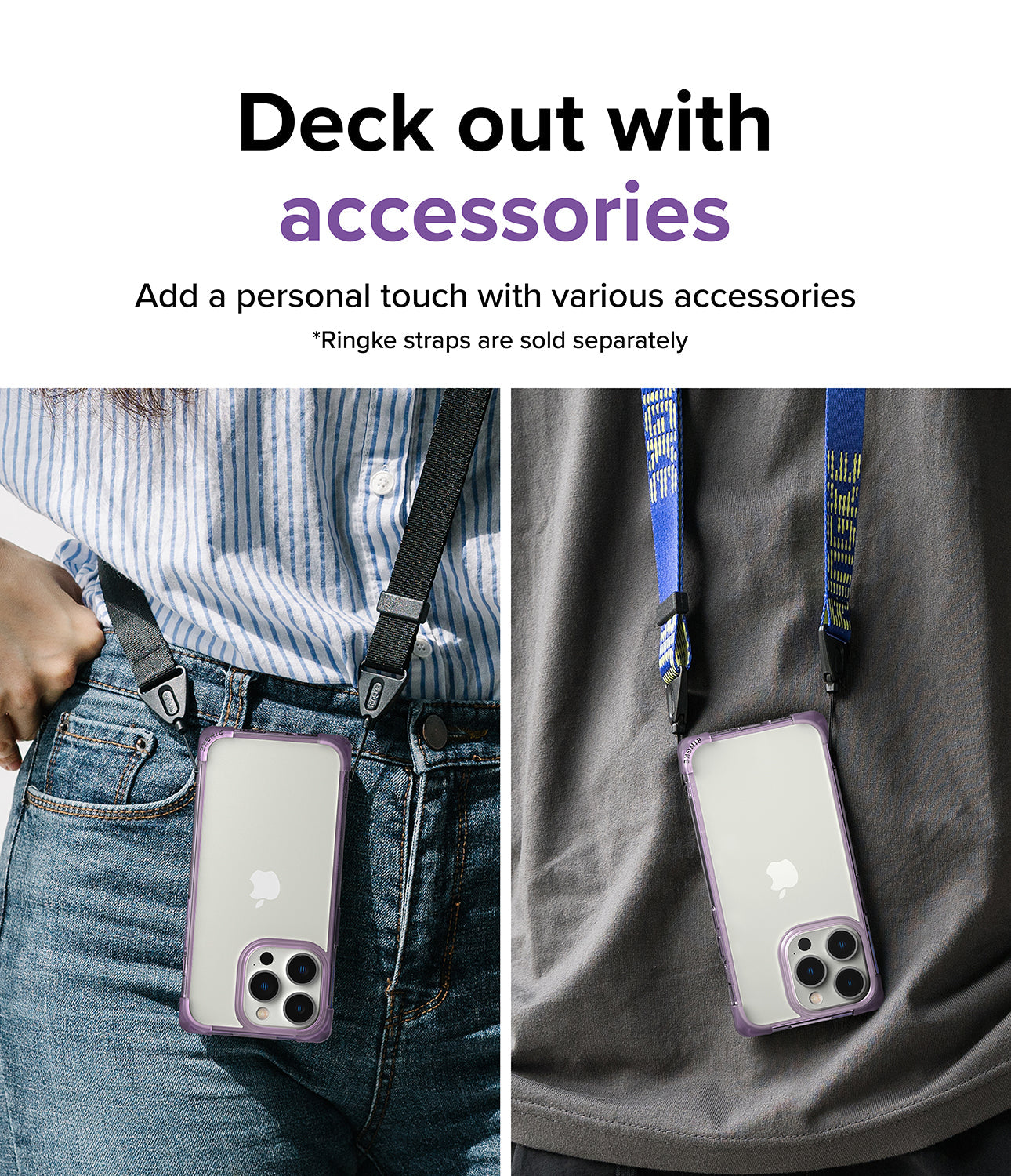 iPhone 14 Pro Case | Fusion Bumper - Two people wearing iPhone 14 Pro phones with bumper cases attached to neck straps.