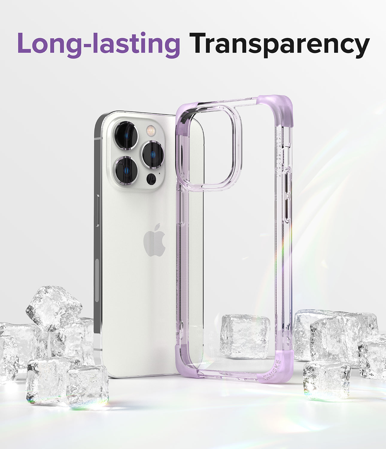iPhone 14 Pro Case | Fusion Bumper - Clear phone case with purple corners next to an iPhone 14 Pro surrounded by ice cubes.