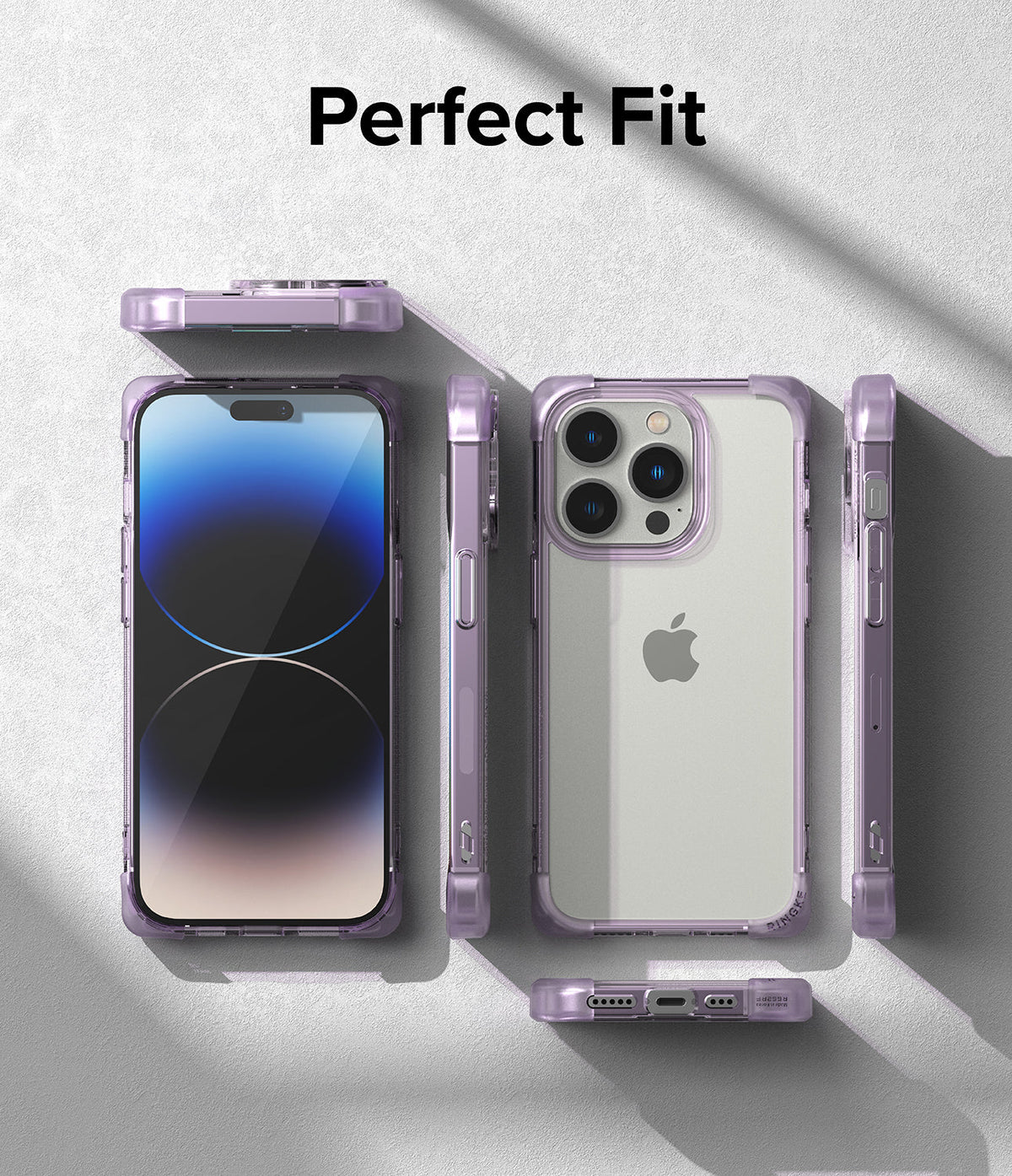 iPhone 14 Pro Case | Fusion Bumper - Multiple views of a purple iPhone 14 Pro in a clear bumper case on a textured surface.
