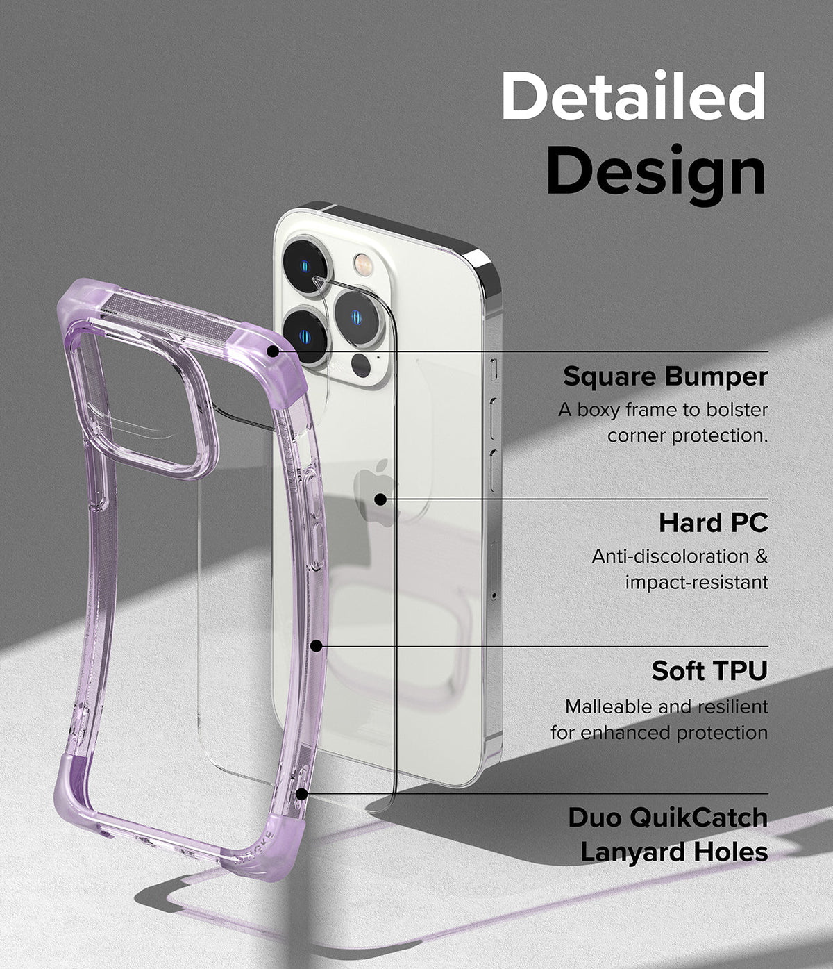 iPhone 14 Pro Case | Fusion Bumper - Exploded view of a purple bumper case highlighting square corners, PC, TPU, and lanyard holes.
