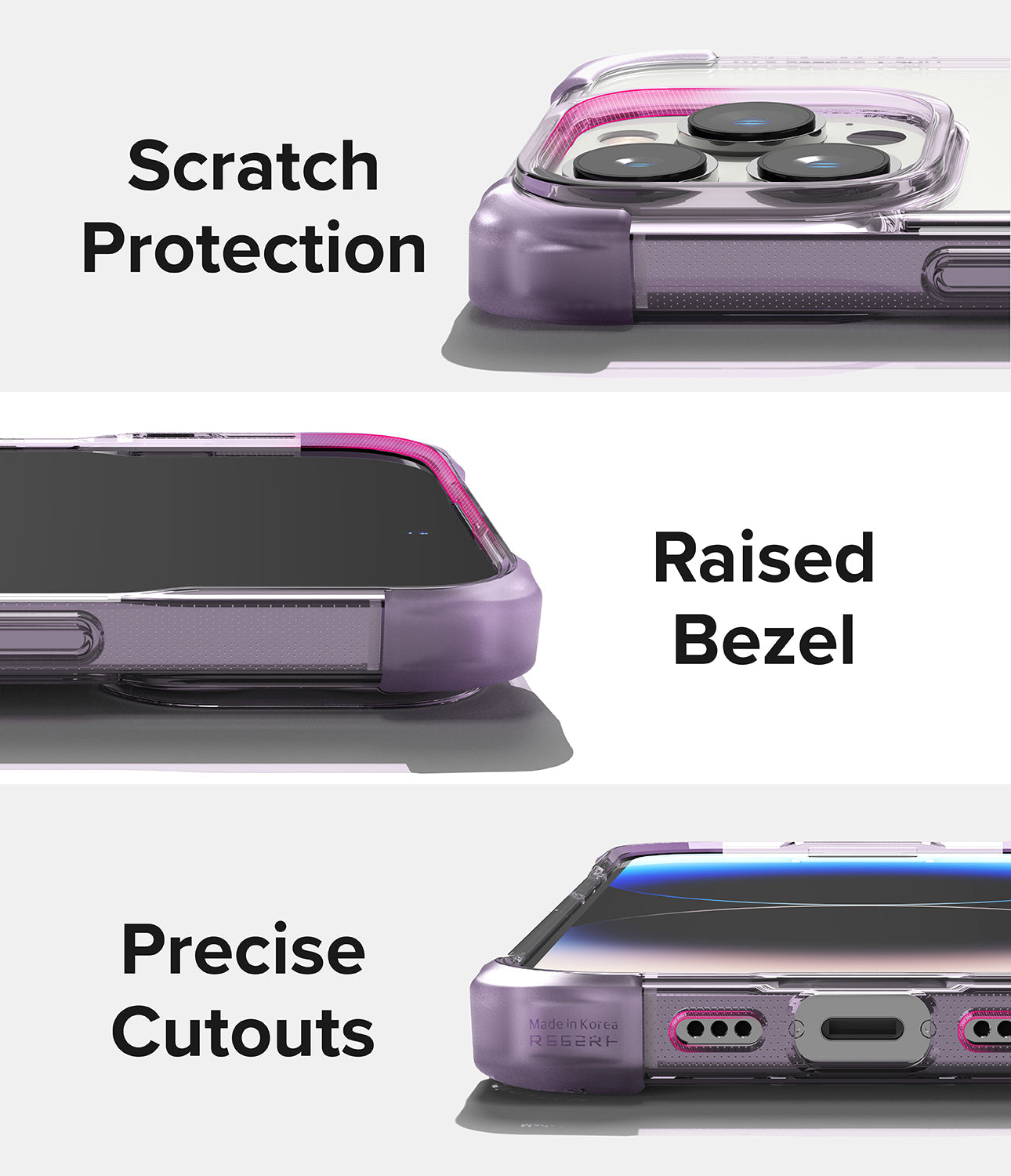 iPhone 14 Pro Case | Fusion Bumper - Three close-up views showing purple bumper case features: camera protection, raised screen bezel, and precise cutouts.