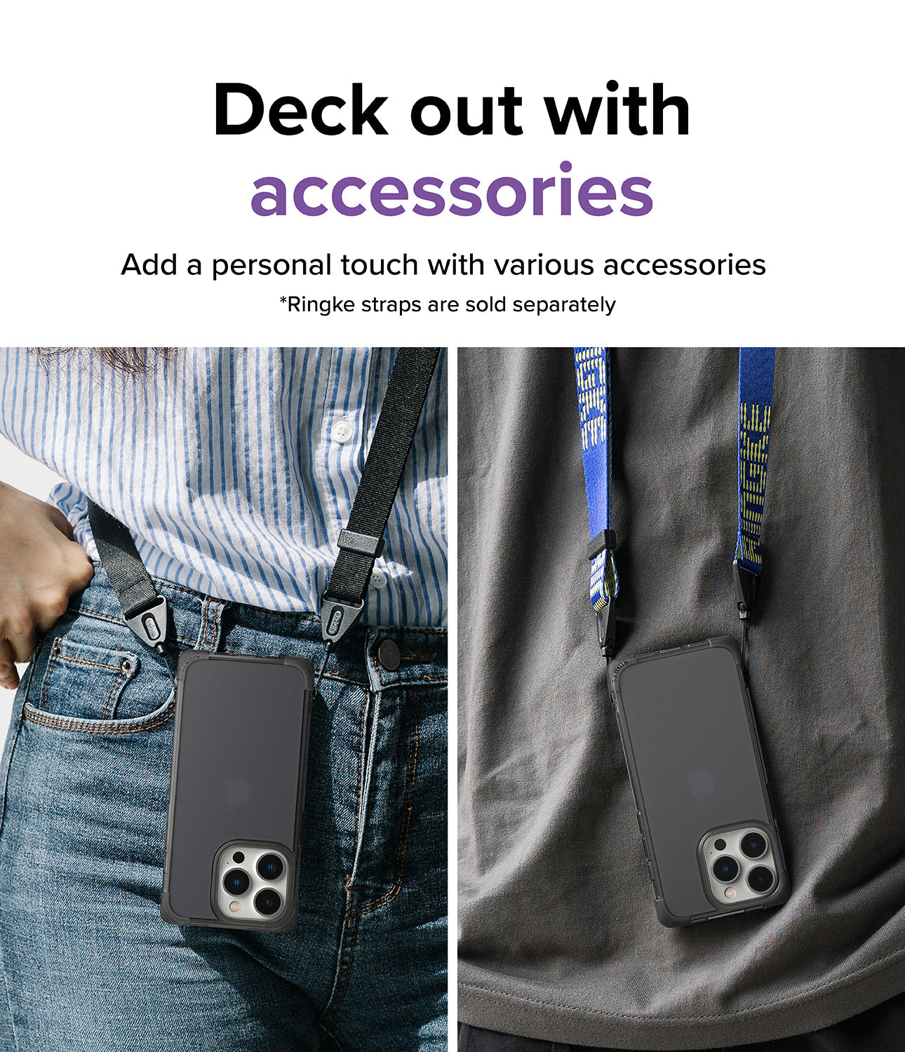 iPhone 14 Pro Case | Fusion Bumper - Two people wearing iPhone 14 Pro phones in bumper cases attached to colorful neck straps.