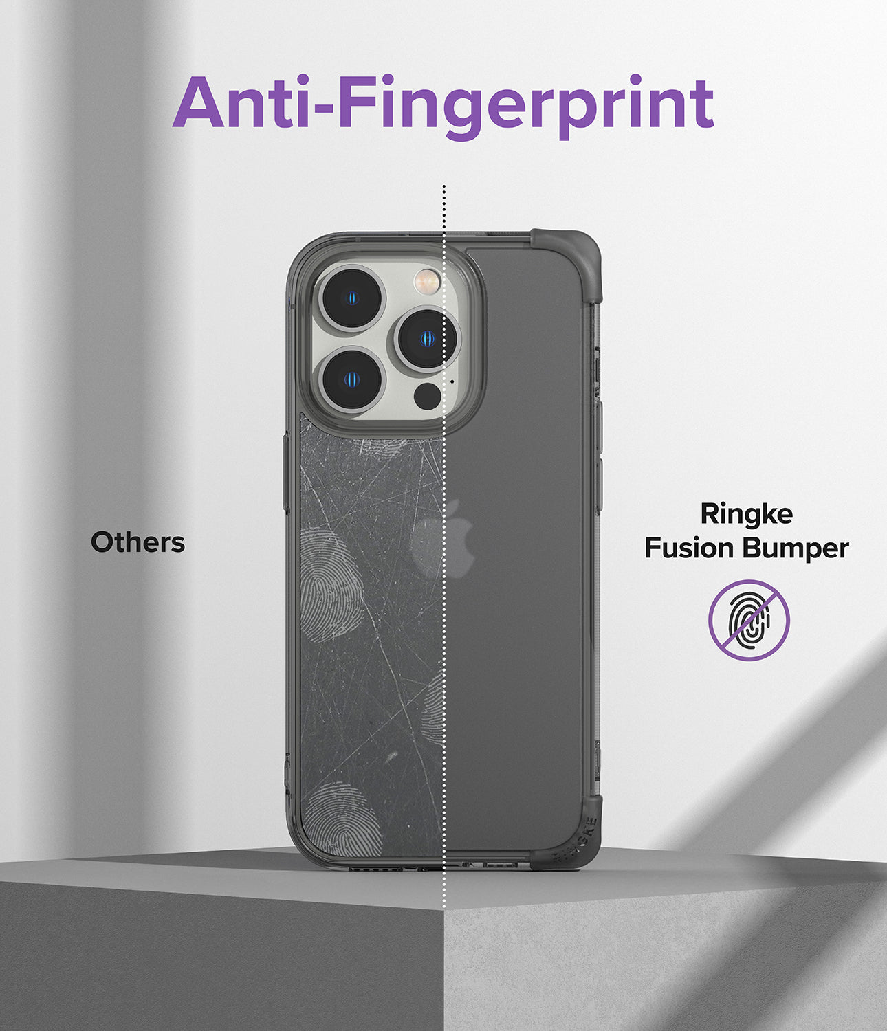 iPhone 14 Pro Case | Fusion Bumper - Comparison showing a fingerprint-covered phone case versus a clean Ringke Fusion Bumper.