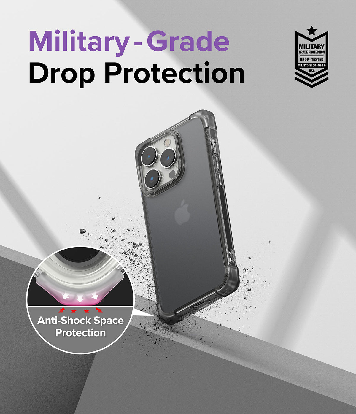 iPhone 14 Pro Case | Fusion Bumper - Clear phone case with reinforced corners and anti-shock protection diagram.