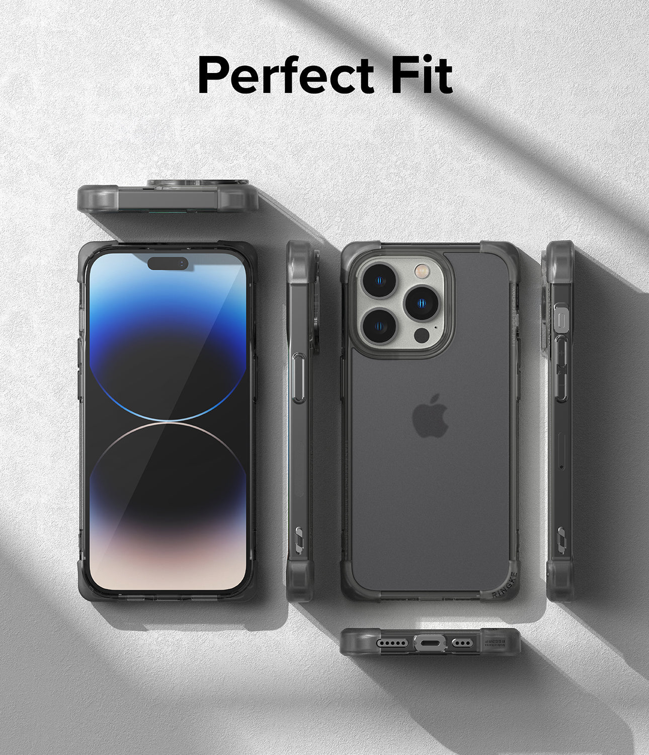 iPhone 14 Pro Case | Fusion Bumper - Multiple views of a black iPhone 14 Pro in a clear, rugged bumper case.