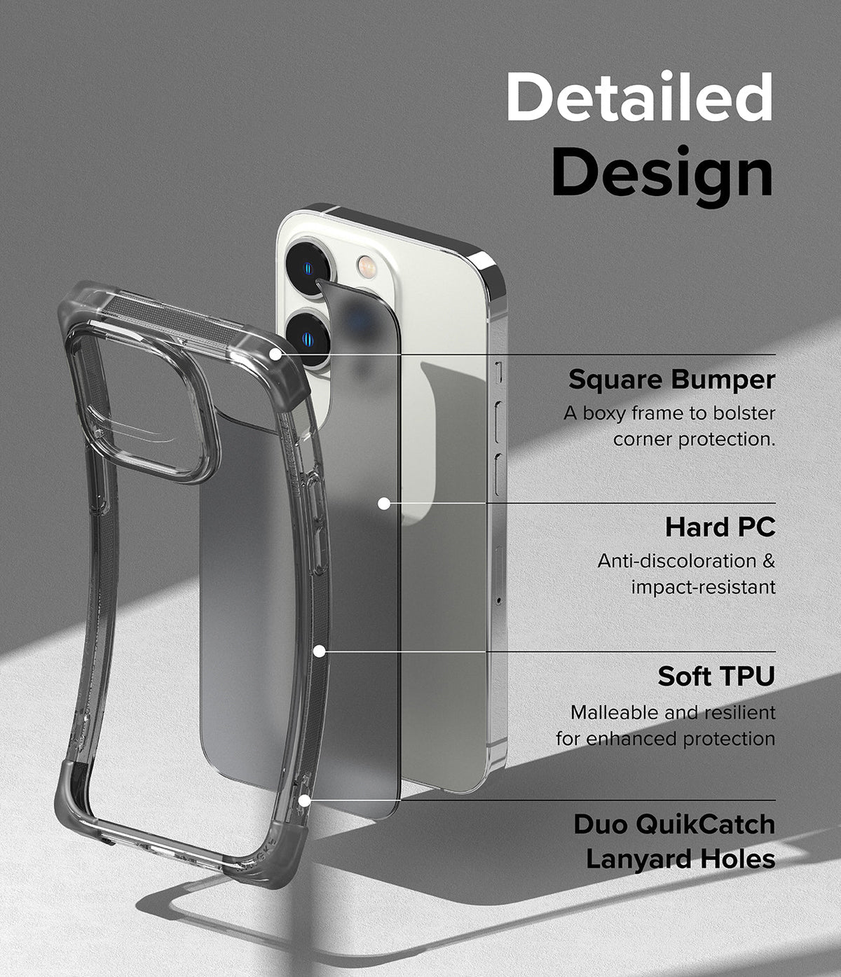 iPhone 14 Pro Case | Fusion Bumper - Exploded view of a phone case highlighting bumper, PC, TPU, and lanyard features.