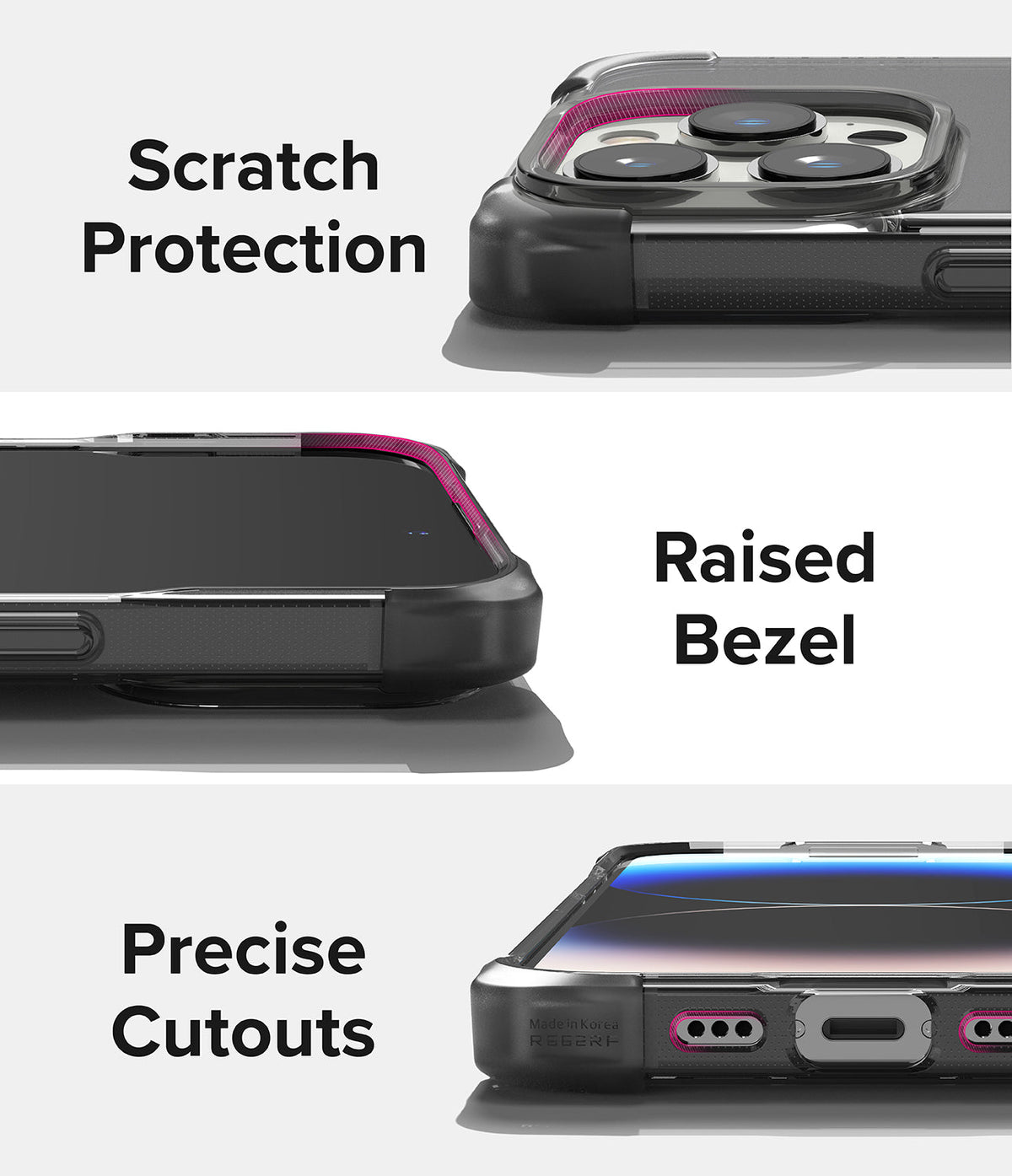 iPhone 14 Pro Case | Fusion Bumper - Close-ups showing camera protection, raised screen bezels, and precise port cutouts.