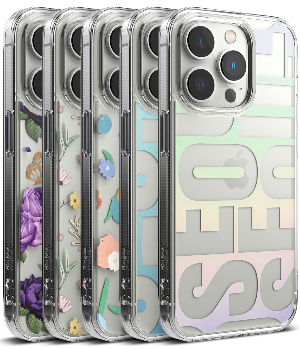 iPhone 14 Pro Case | Fusion Design - Five clear iPhone 14 Pro cases featuring floral, abstract, and gradient patterns lined up.