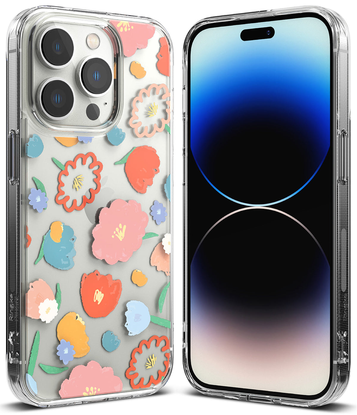 iPhone 14 Pro Case | Fusion Design - Clear phone case with colorful floral pattern and front view of iPhone 14 Pro.