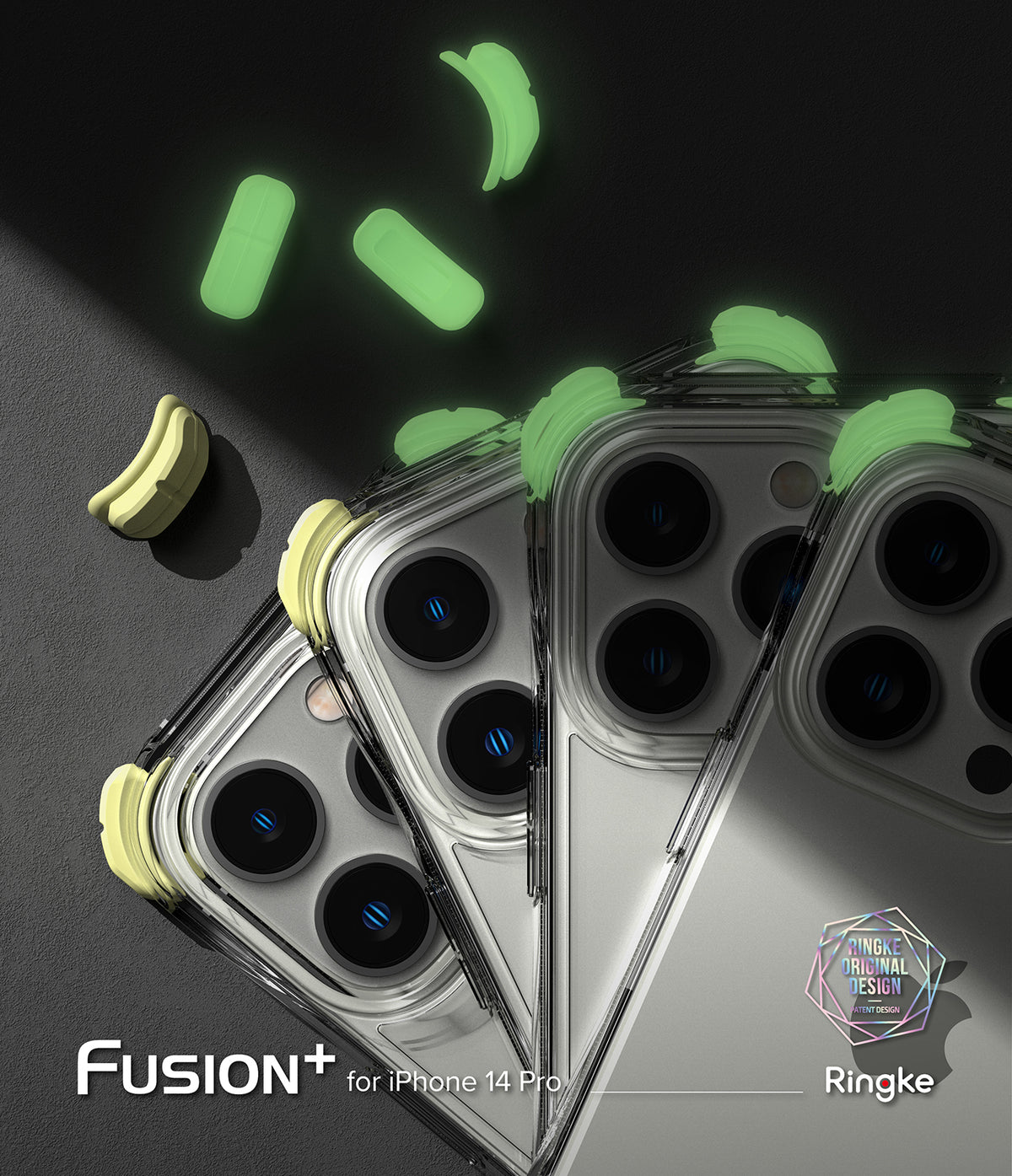 iPhone 14 Pro Case | Fusion Plus - Clear phone cases with glowing green corner bumpers arranged in a fan pattern.
