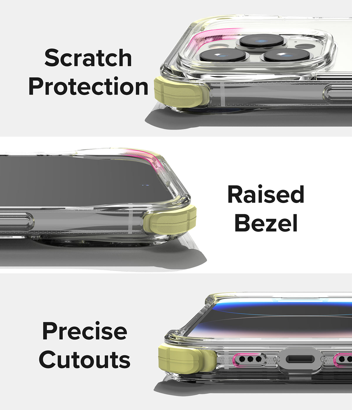 iPhone 14 Pro Case | Fusion Plus - Close-ups of a clear phone case highlighting scratch protection, raised bezels, and cutouts.