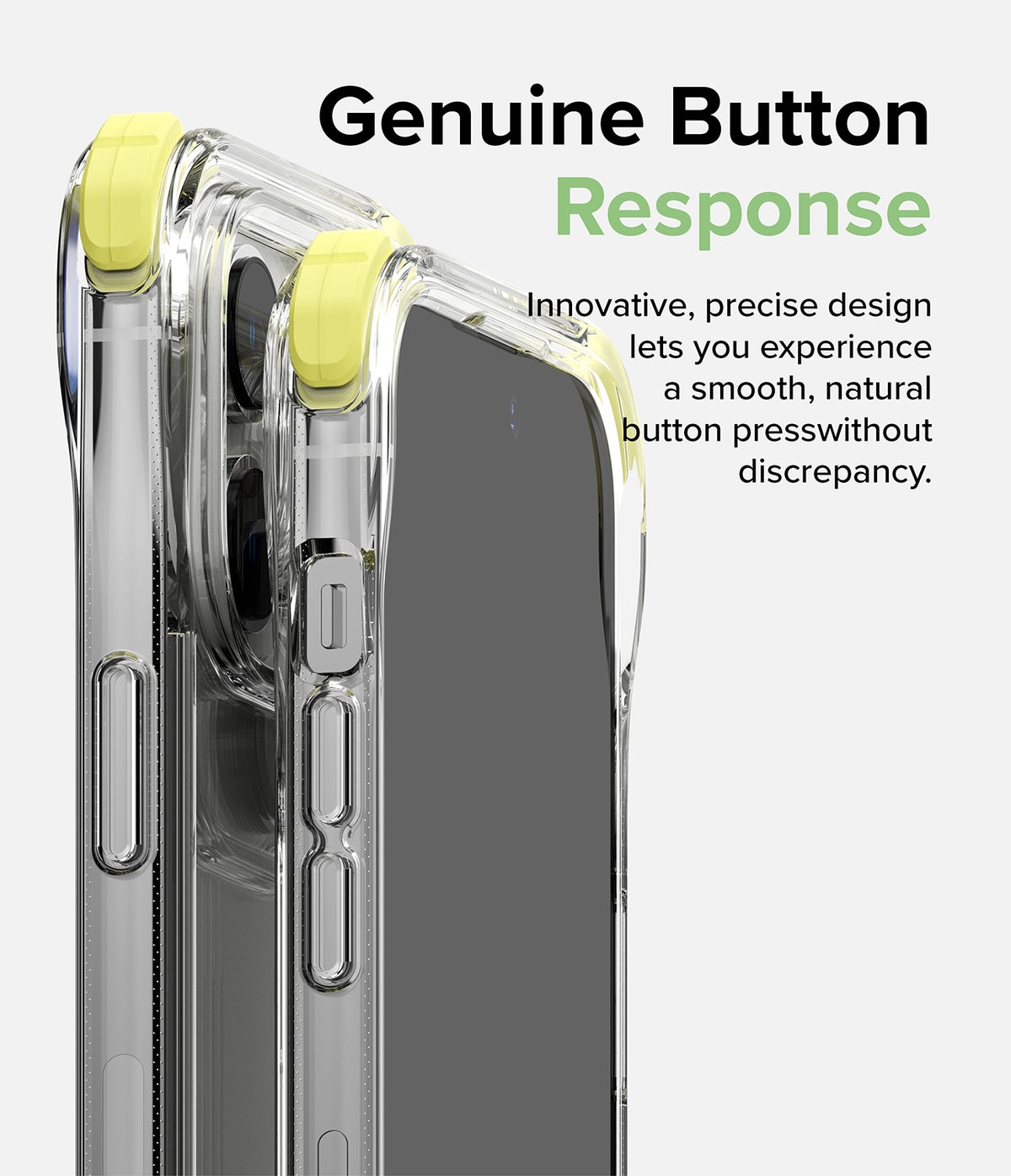 iPhone 14 Pro Case | Fusion Plus - Clear phone case with yellow accent buttons highlighting tactile button response.