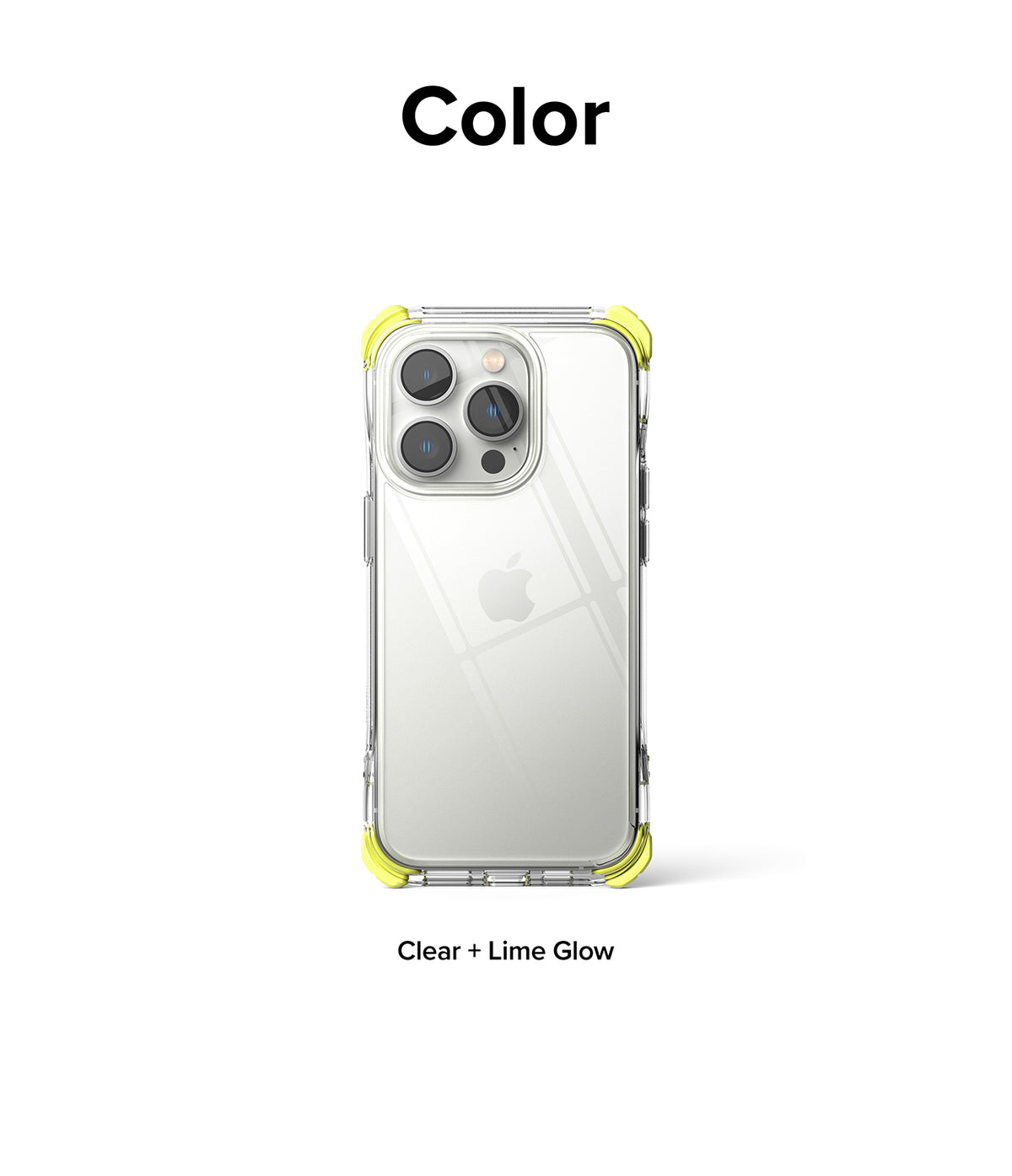 iPhone 14 Pro Case | Fusion Plus - Clear phone case with lime green corner bumpers on an iPhone 14 Pro.