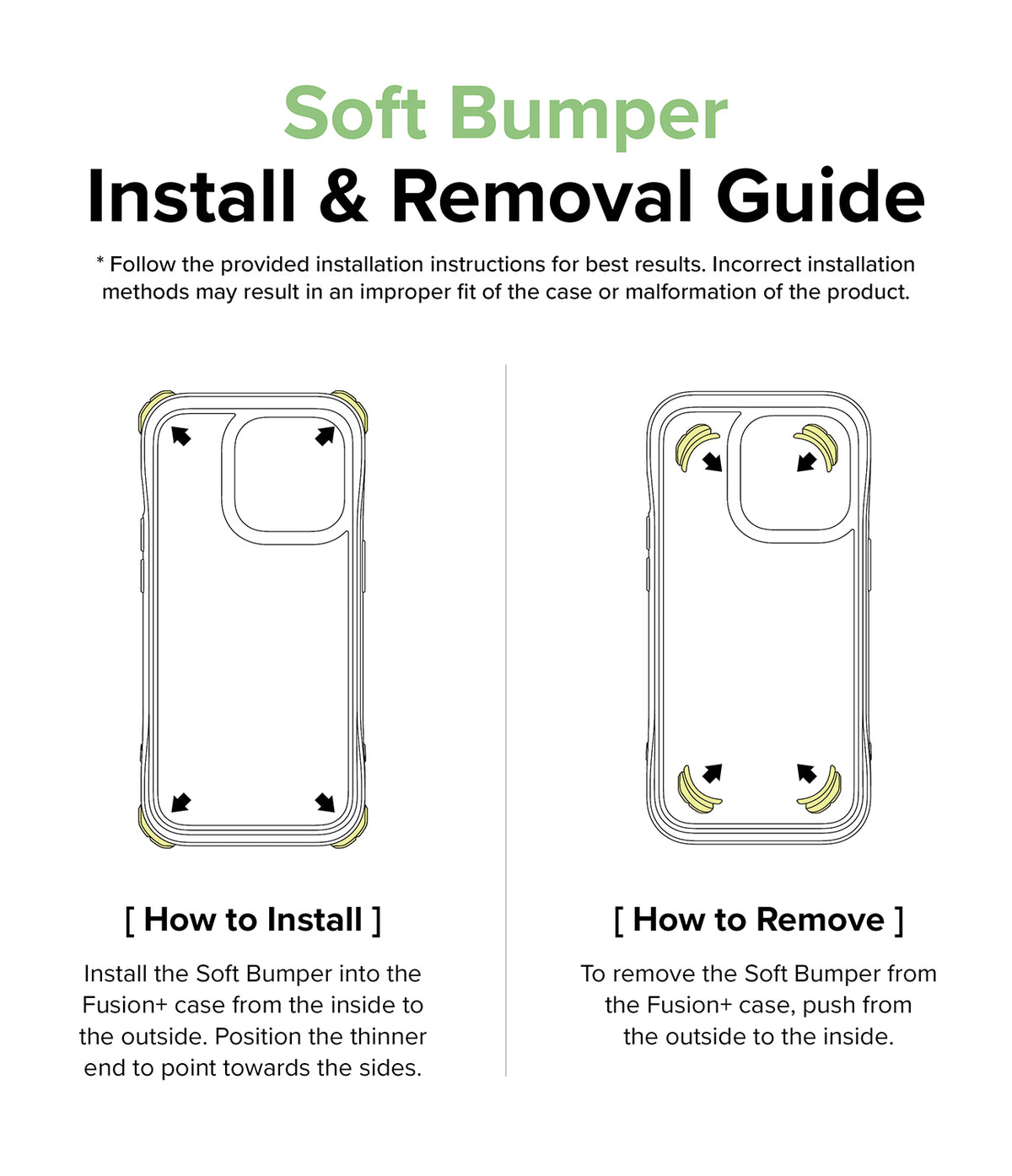 iPhone 14 Pro Case | Fusion Plus - Diagram showing installation and removal steps for a soft bumper case with arrows.